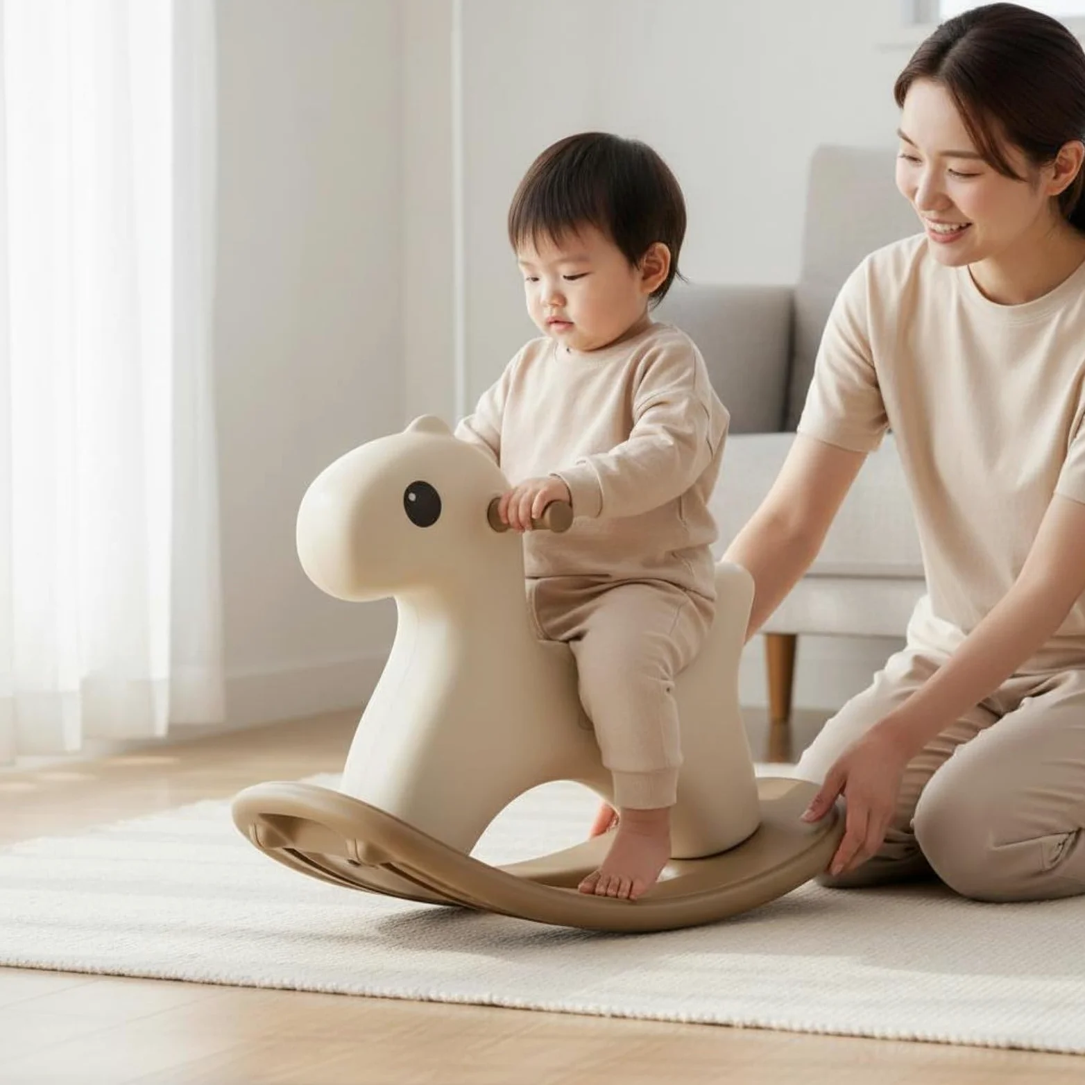 Cavalluccio a Dondolo per Bambini Cavalluccio Cavalcabile Altalena per Neonati Ampia Antiribaltamento Materiale PE Solido Privo di Odori Bordi, Grigio Beige, Con Striscia