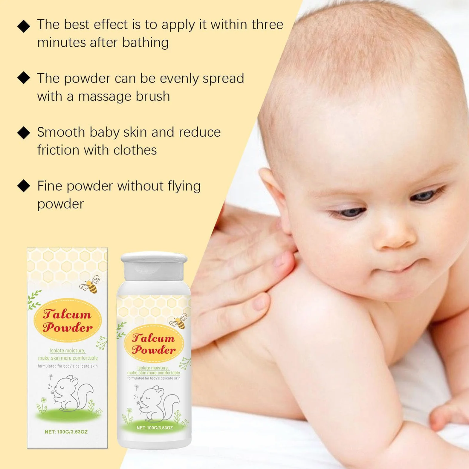 Baby Powder, talco naturale per bambini, 100 g di talco clinicamente testato, formula delicata di amido di mais, sollievo lenitivo dopo la doccia, formulato per essere delicato sulla