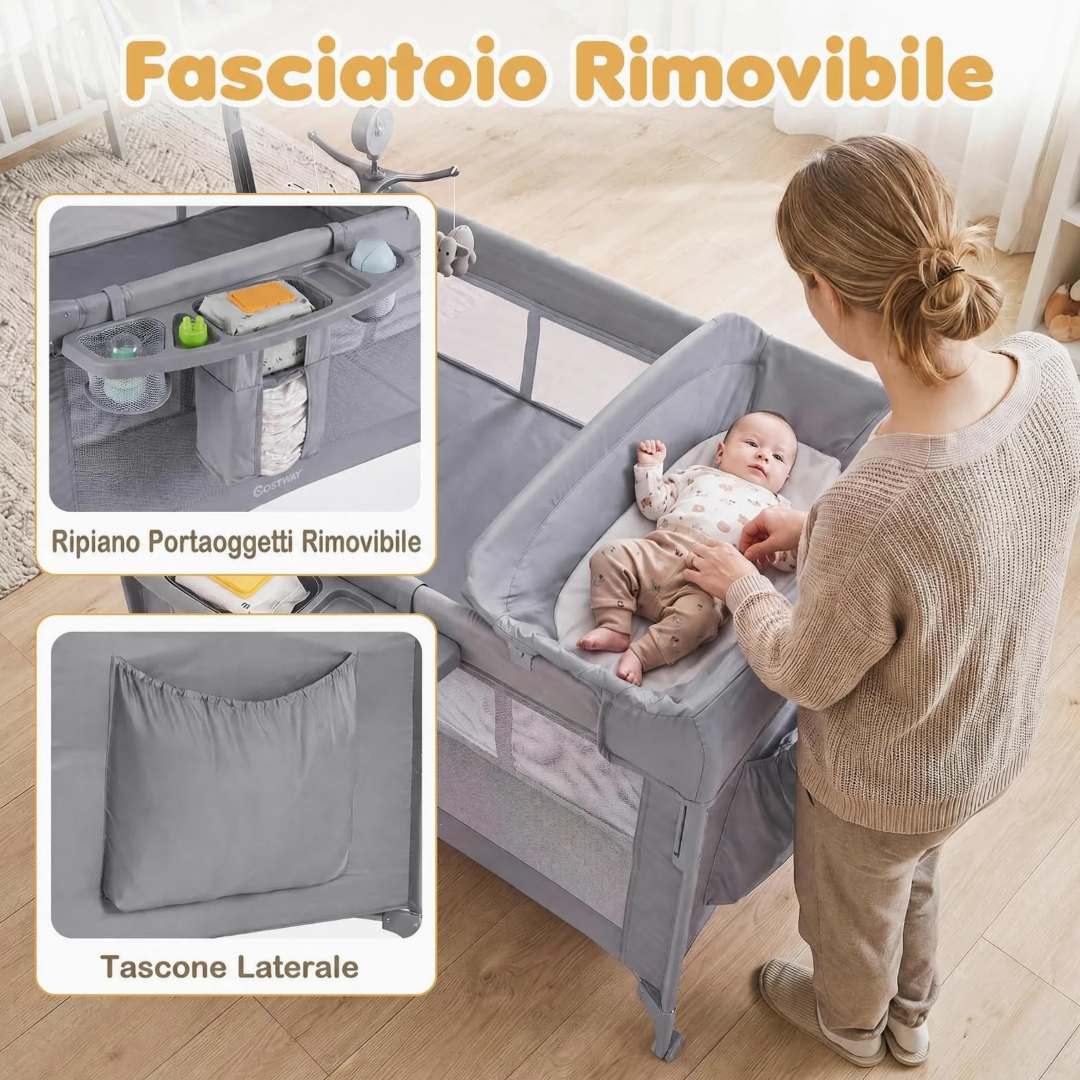 COSTWAY 5 in 1 Culla Co-sleeping Pieghevole per Neonato con Ruote (Grigio) | Lettino da Affiancare Portatile con Fasciatoio, Meterasso, Giocattoli e Carillon, Altezza Regolabile, per Bambini 0-3 Anni