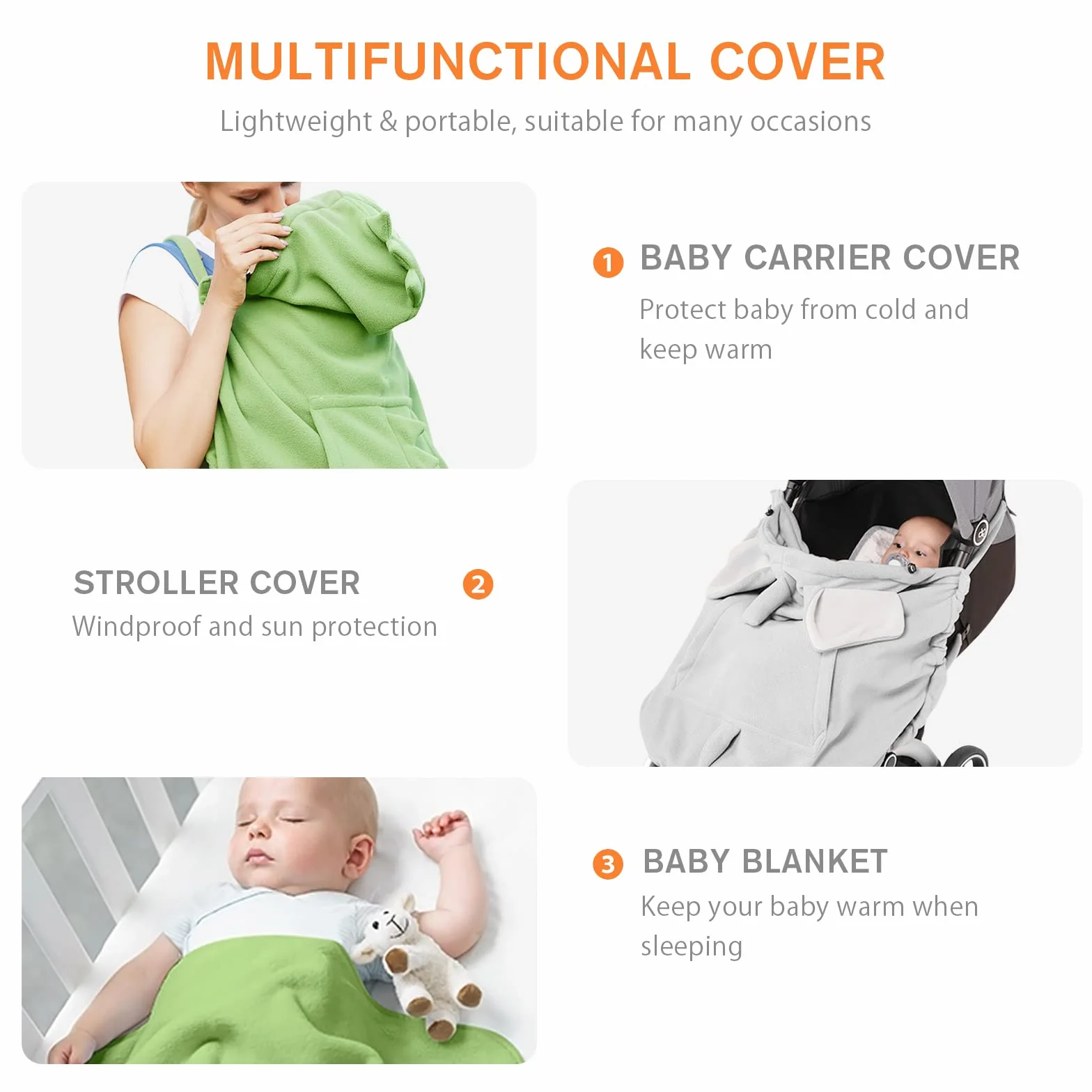 SONARIN Copertina per Marsupio Caldo,Universale Copri Marsupio Cover Invernale per Fascia Portabebè Incappucciato Copertura Mantello A Prova di Vento con Tasca Frontale(Verde)