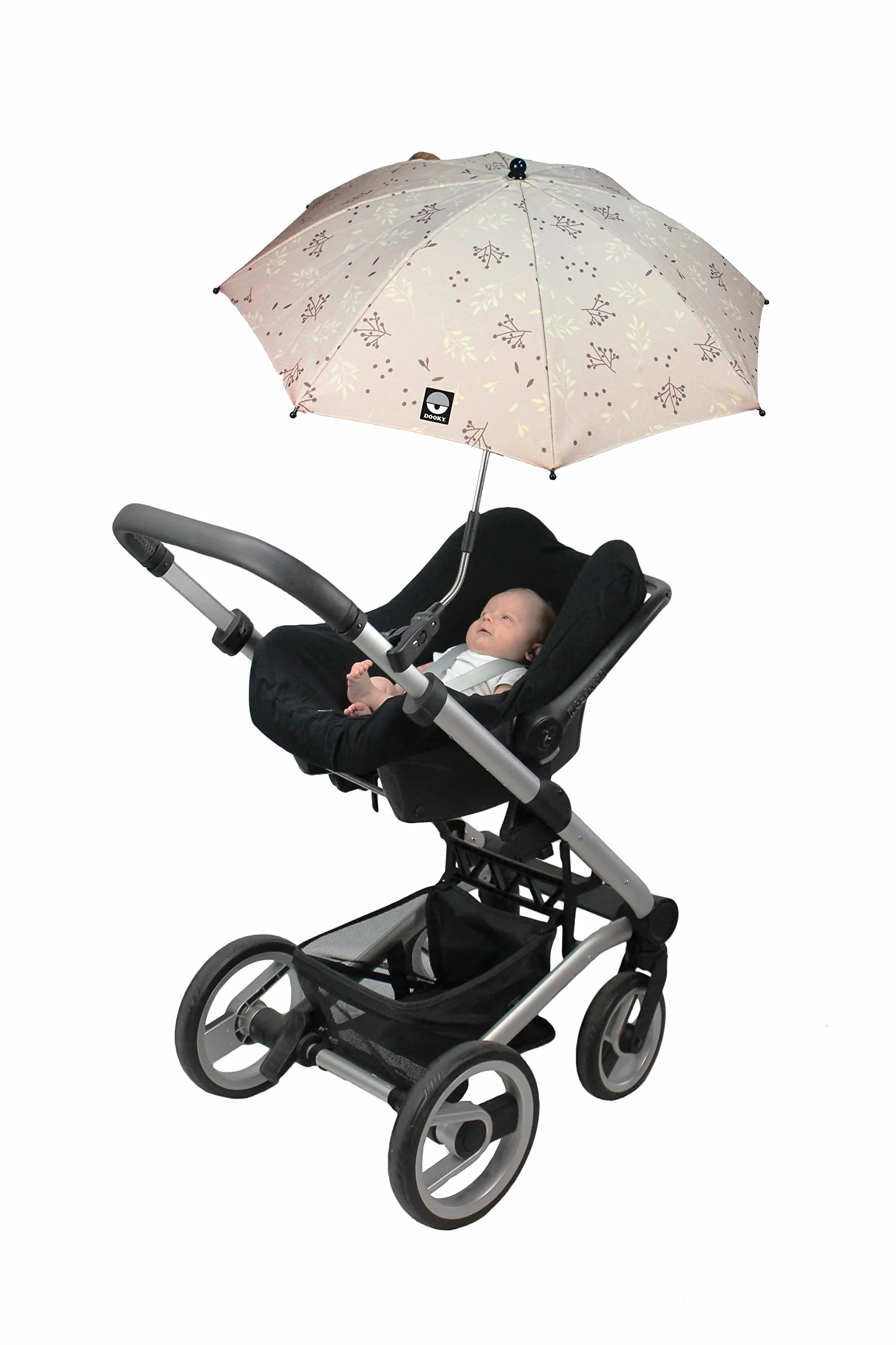 Dooky Ombrellone per carrozzina/passeggino/passeggino, protezione UV UPF 50+, flessibilità 180 gradi con tecnologia Duo Flex, antivento e impermeabile, 100% poliestere, portata 76 cm, beige foglie