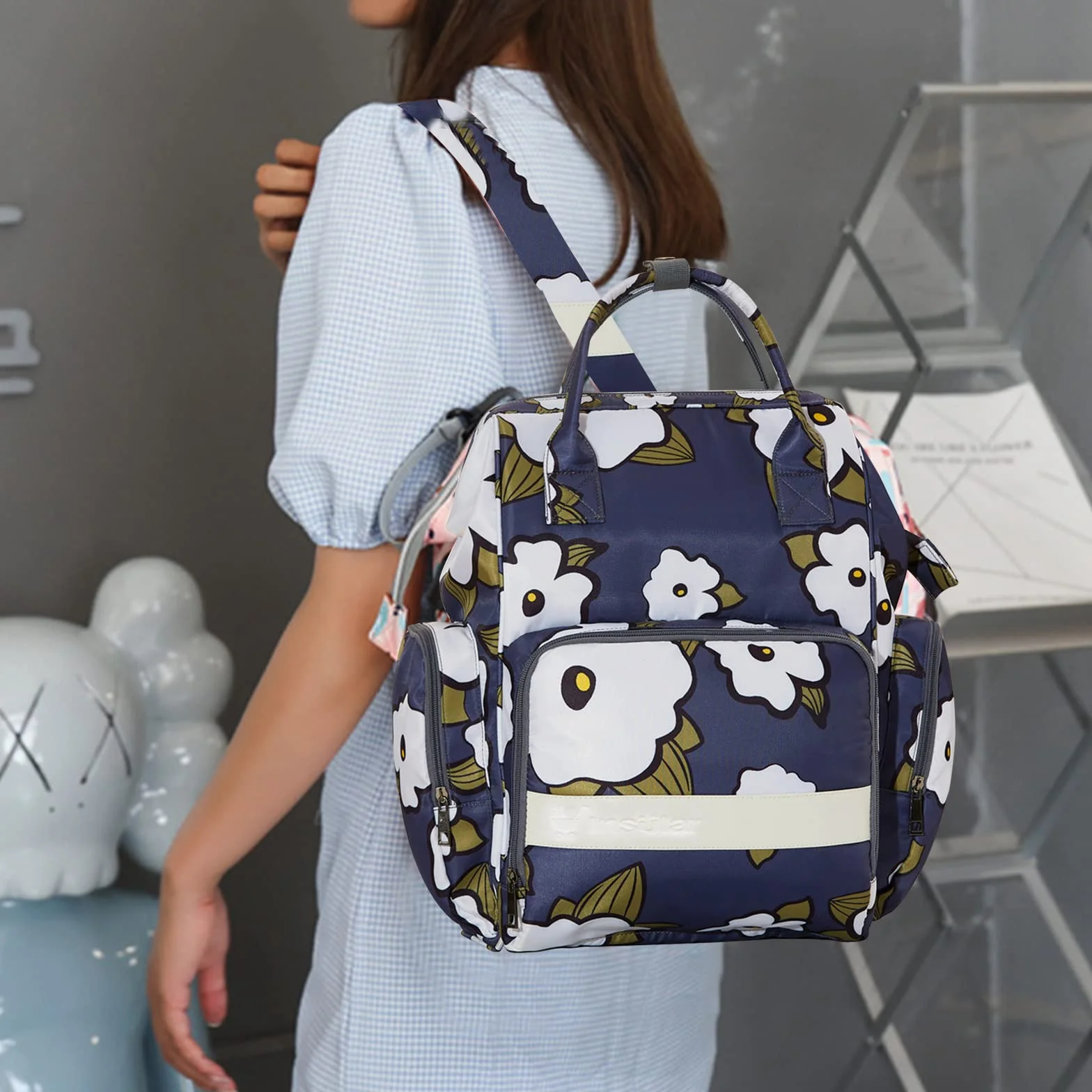 SONARIN Multifunzionale Impermeabile Zaino Fasciatoio,Grande Capacità Borsa per Pannolini Zaino Mamma Neonato Viaggio Borsa Fasciatoio con Fasciatoio & Ganci per Passeggino(Fiori)
