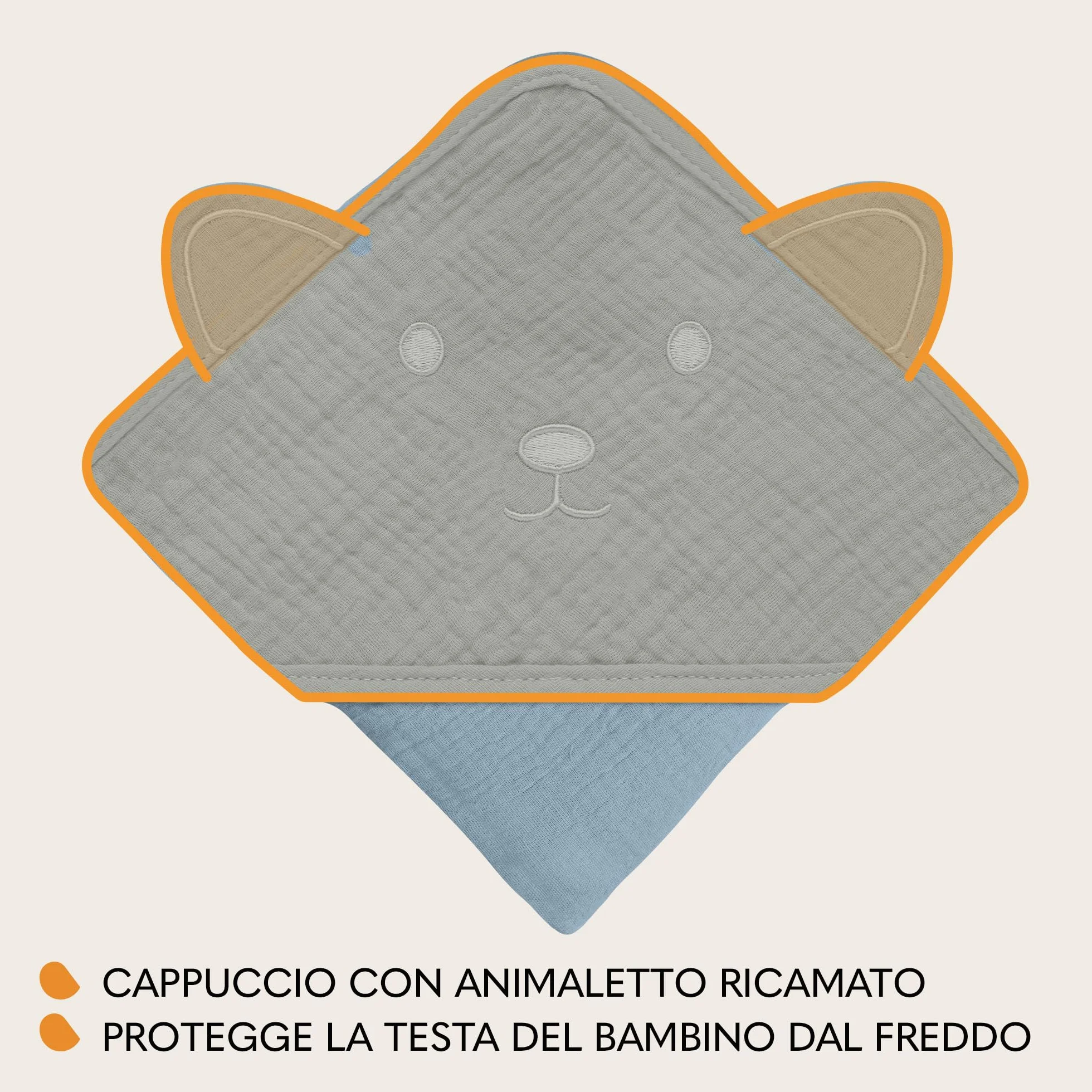 lionelo MUSLIN HOODED TOWEL Asciugamano con Cappuccio 80x80cm per neonato 100% Cotone Naturale Swaddle in Mussola dopo Bagnetto Mantella da Bagno Traspirante Morbida per Bambini (Blu, 80x80 cm)