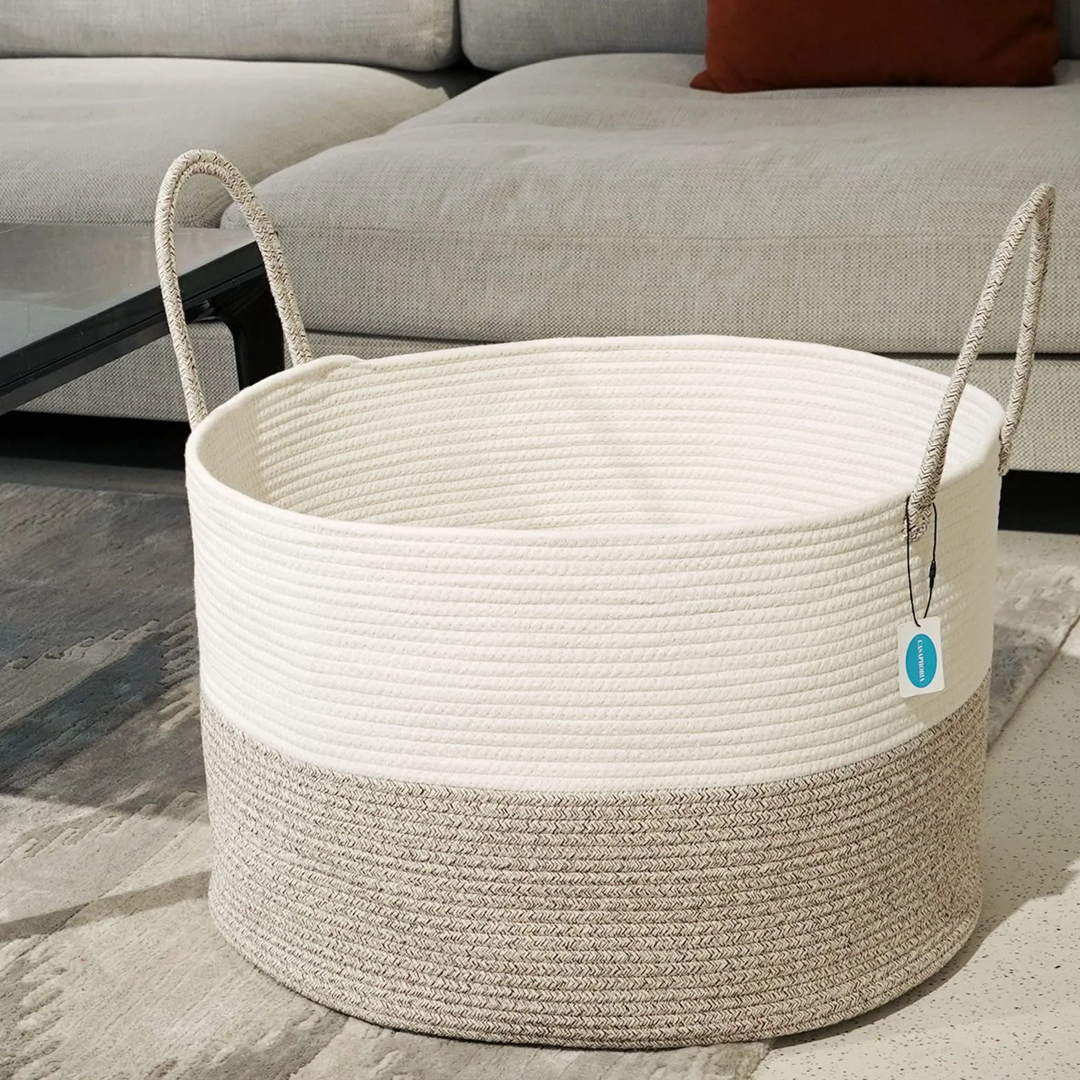 Casaphoria XXXL, cesto portaoggetti in corda di cotone per soggiorno, con manico lungo, per coperte, asciugamani e cuscini, cesto portabiancheria | crema bianco e marrone (55,9 x 55,9 x 35,6 cm)