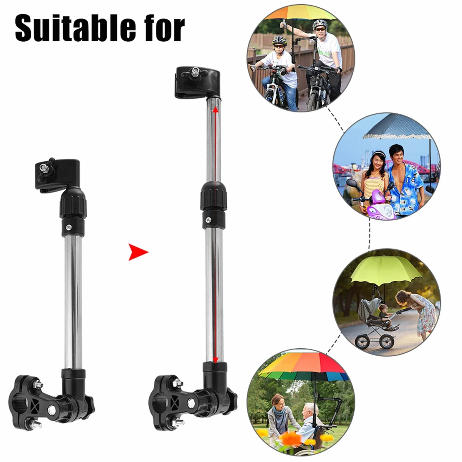 MBC - Portaombrelli in acciaio inox, retrattile per passeggino, regolazione telescopica verso il basso, adatto per manubrio da 0,8 a 1 pollici, default