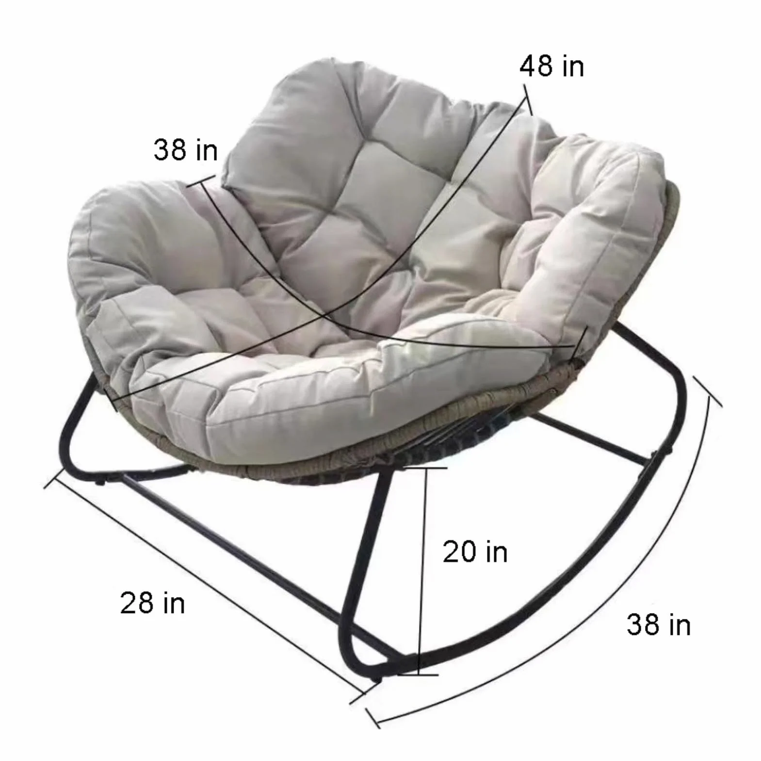 Sedia a dondolo da esterno Papasan con cuscino imbottito, oversize in rattan di vimini per interni, uovo in metallo, grandi supporti