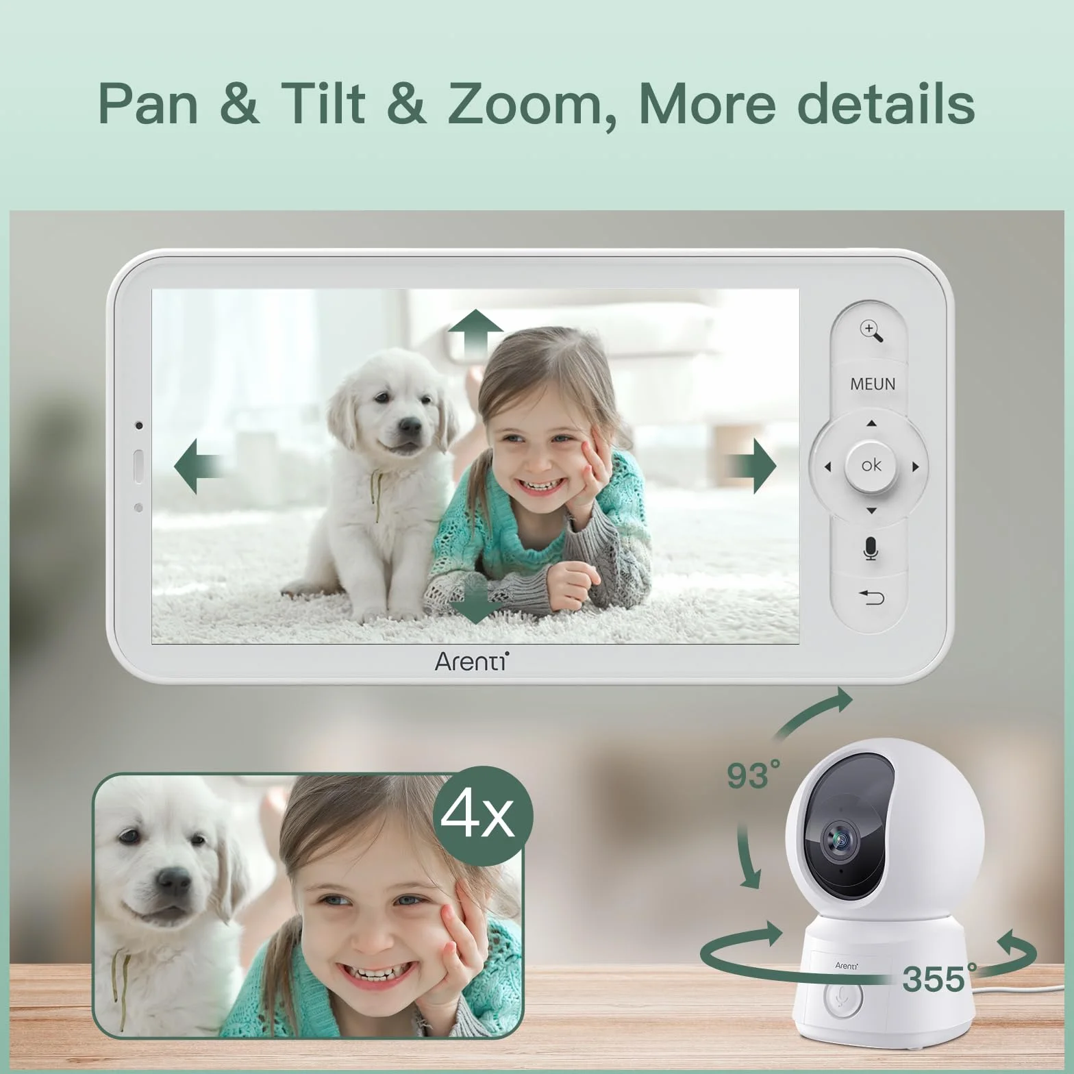 ARENTI Baby Monitor con 2 Telecamere Wifi, Telecamera Bambini con Monitor 5'', Rilevamento Intelligente, Audio Bidirezionale, Promemoria di Allattamento, Sensore di Temperatura