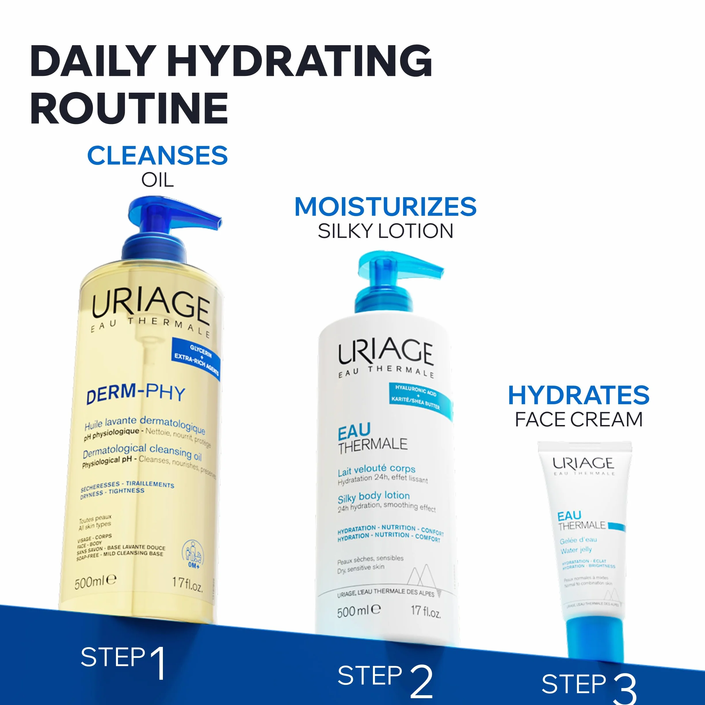 Uriage Derm-Phy - Olio da doccia da 1 l, detergente per viso, corpo, pelli secche, sensibili, pulisce, nutre, previene l'essiccazione, 25% glicerina, agenti extra ricchi, pH fisiologico, senza sapone