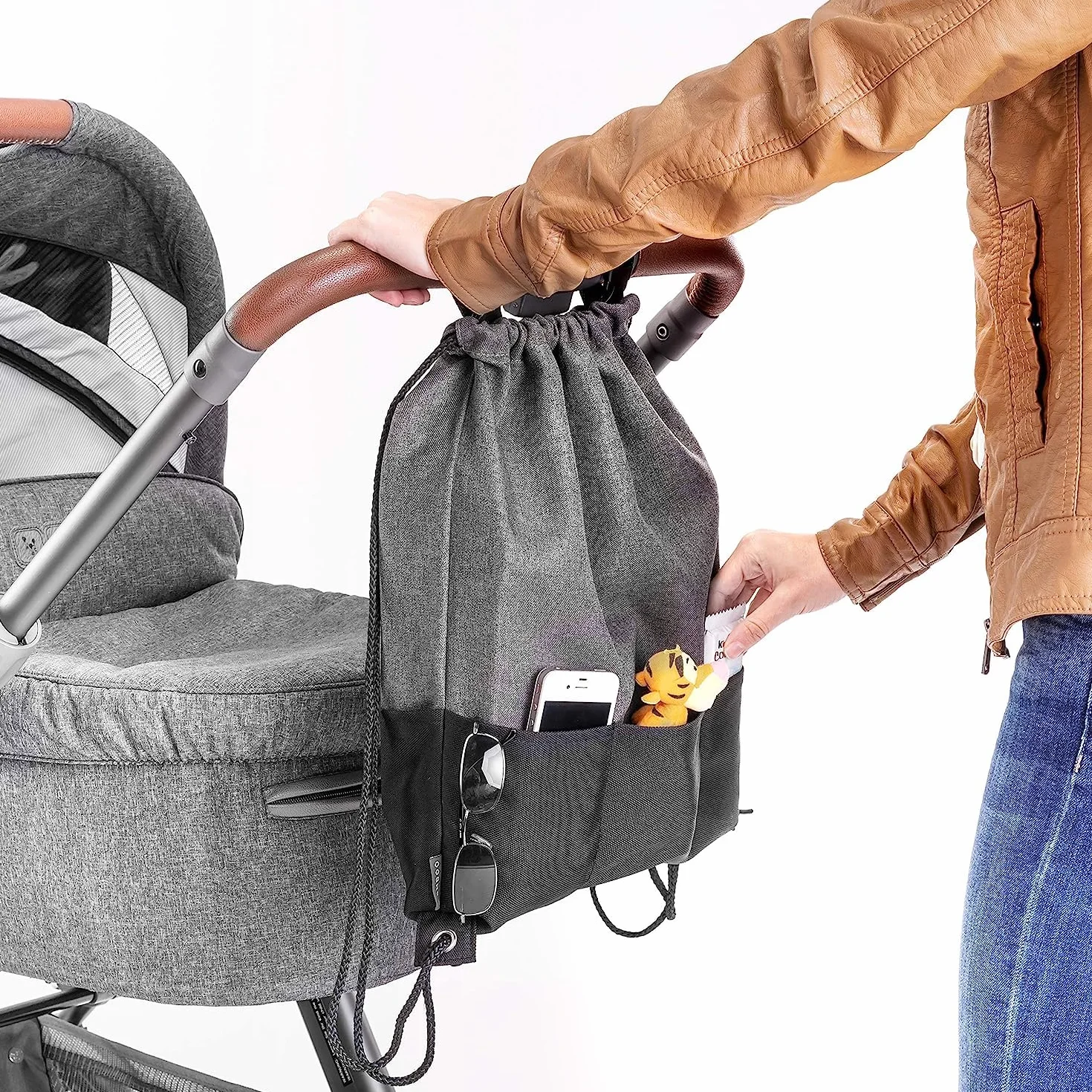 Zamboo Borsa Passeggino Universale - Borsa Organizer Passeggino con Ganci per Maniglione - Borsa Carrozzina Neonato - Grigio Nero
