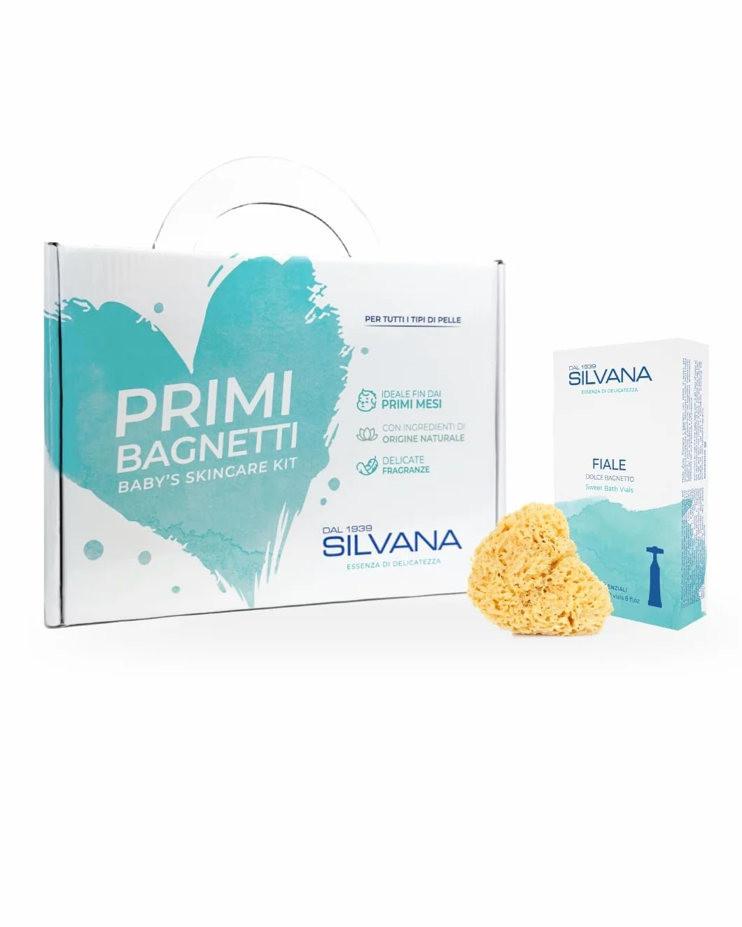Silvana Primi Bagnetti – Cofanetto Regalo Neonato con Fiale da Bagno e Spugna Marina Naturale – Kit Bagnetto Delicato per Neonati | Kit Bagnetto Neonato con Fiale da Bagno e Spugna Marina Naturale