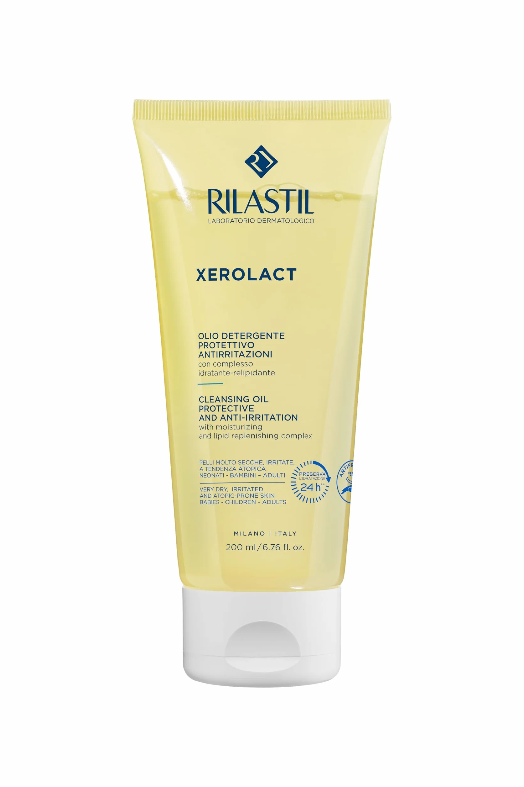 Rilastil Xerolact Olio Detergente Viso e Corpo per Neonati, Bambini e Adulti, Idratante, Relipidante, per Pelli Secche, Irritate e con Tendenza Atopica
