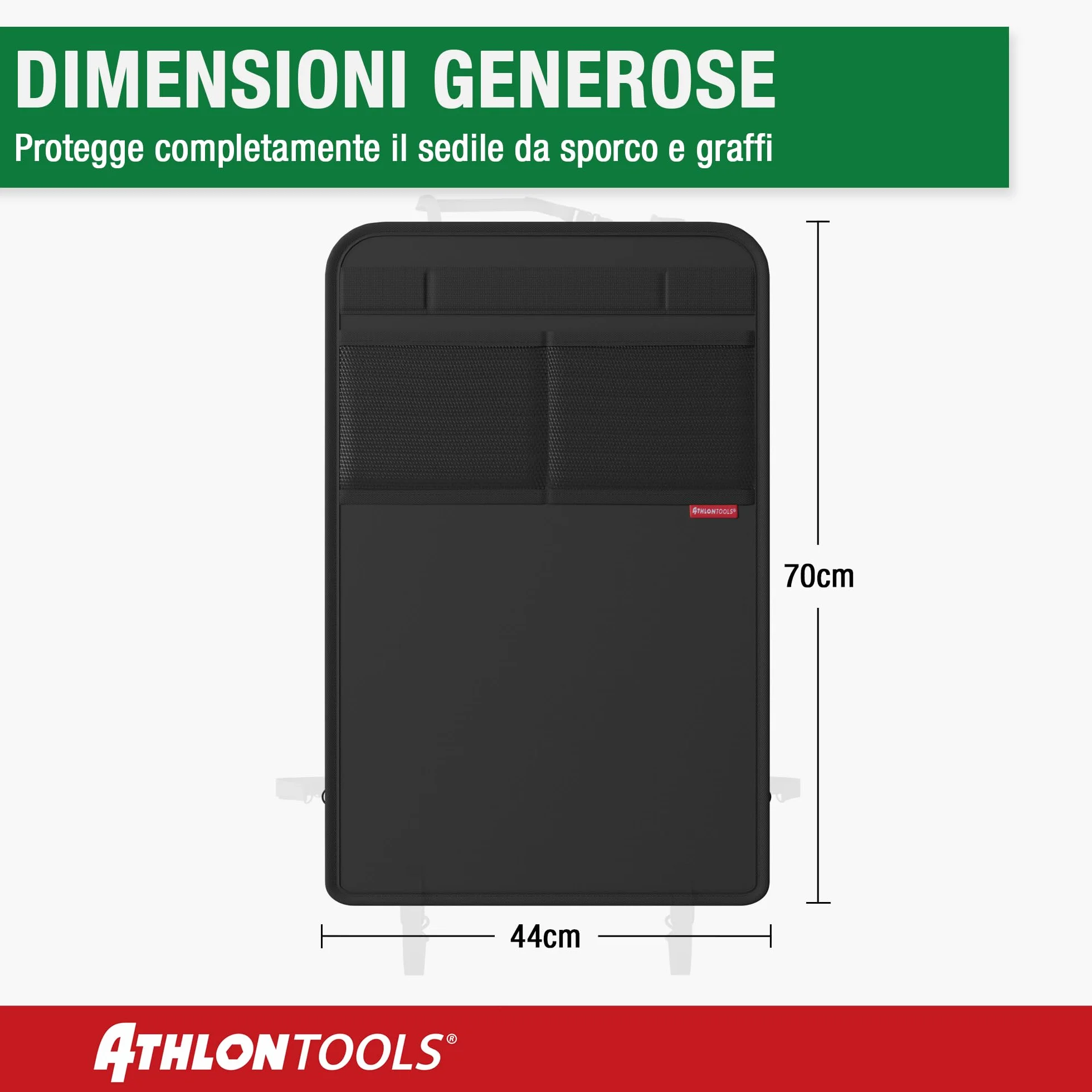 ATHLON TOOLS tappetino di protezione dello schienale rivestito, tappetino di protezione dello schienale dell'auto - con tasche in rete - repellente allo sporco