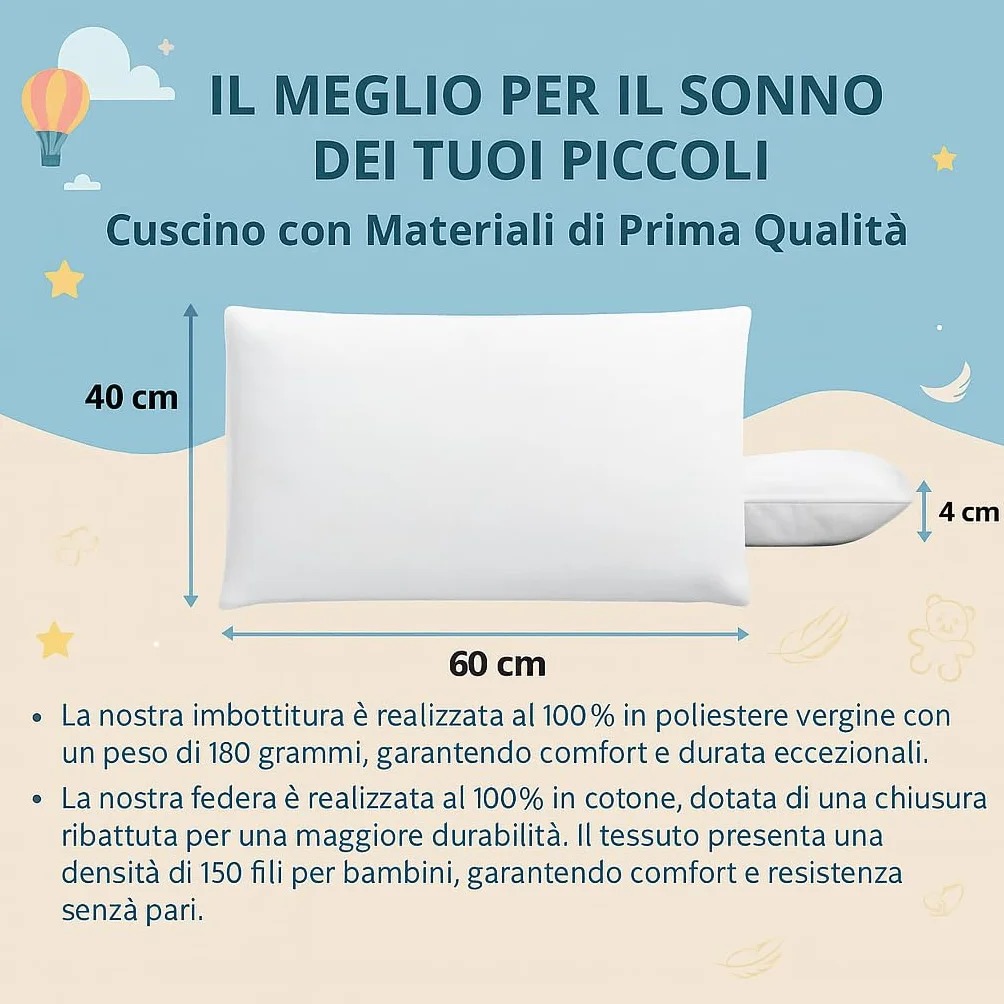 tessiharmony - Cuscino Lettino Bambino 60x40 cm 100% Cotone Guanciale Letto Culla Antiacaro Anallergico Traspirante Morbido 1 2 3 4 Anni Alto 4 cm Made in Italy