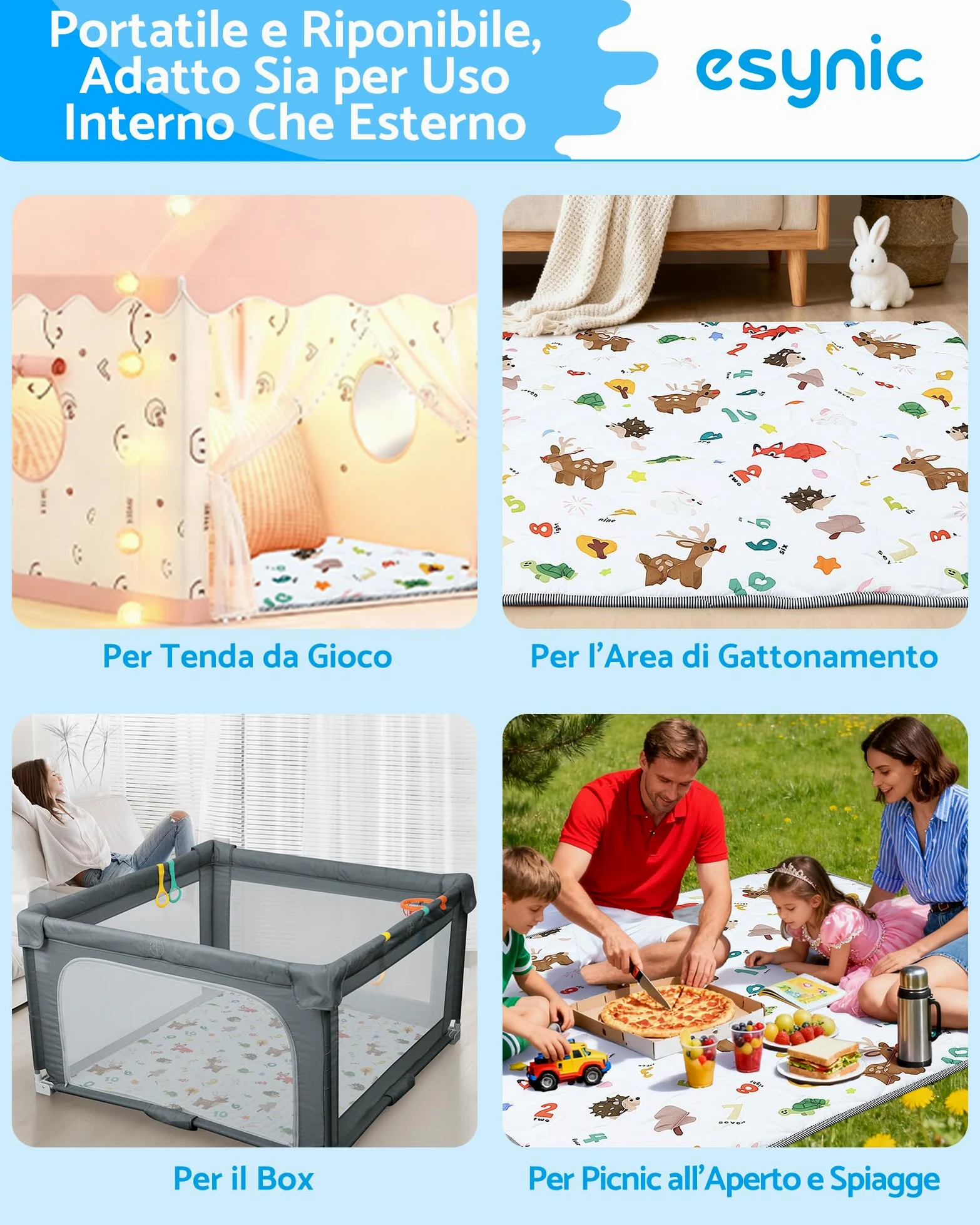 eSynic Tappetino da Gioco Pieghevole per Bambini 150x150cm, Antiscivolo a 4 Strati ed Educativo con Design Animali e Numeri, Tappeto Neonato per Gattonamento, Picnic e Recinti, Lavabile in Lavatrice