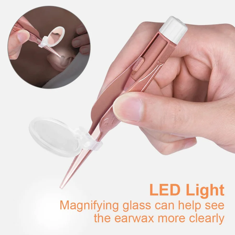 Vicloon Pulisci Orecchie, 15 Pezzi Kit Rimozione Cerume, Strumenti per Pulizia Dell’Orecchio con LED, 2 Lente D'ingrandimento e 6 Tamponi, Con Scatola Portaoggetti, Adatto per Adulti e Bambini