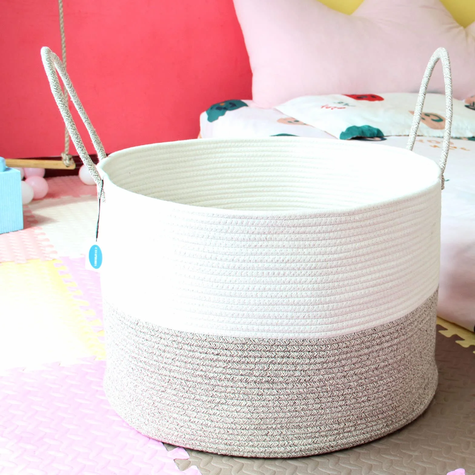 Casaphoria XXXL, cesto portaoggetti in corda di cotone per soggiorno, con manico lungo, per coperte, asciugamani e cuscini, cesto portabiancheria | crema bianco e marrone (55,9 x 55,9 x 35,6 cm)