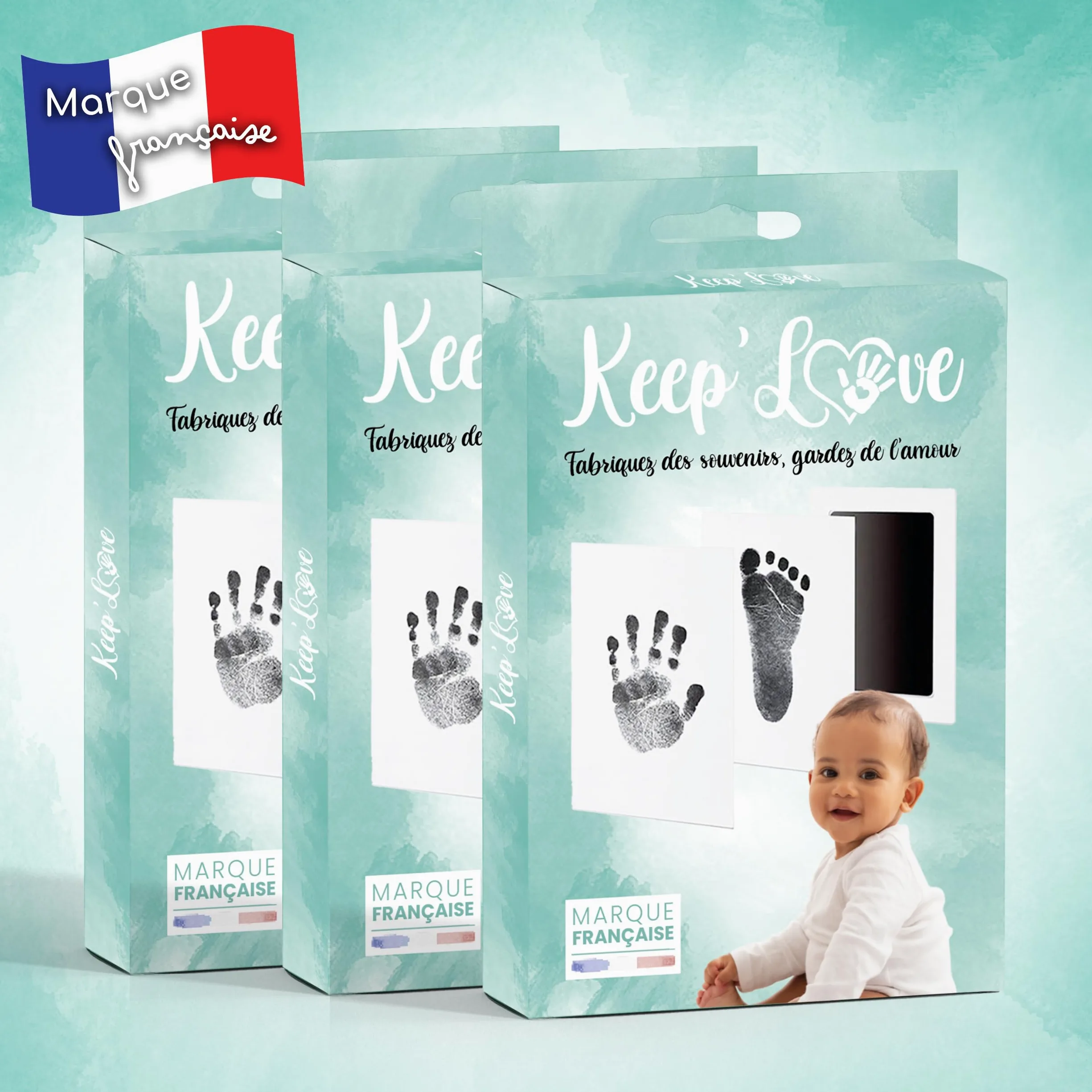 Keep'Love Confezione da 3 kit di impronte per bambini, tampone senza inchiostro, mano e piede bambino, souvenir regalo nascita e cornice, grandi dimensioni 12,5 x 8 cm