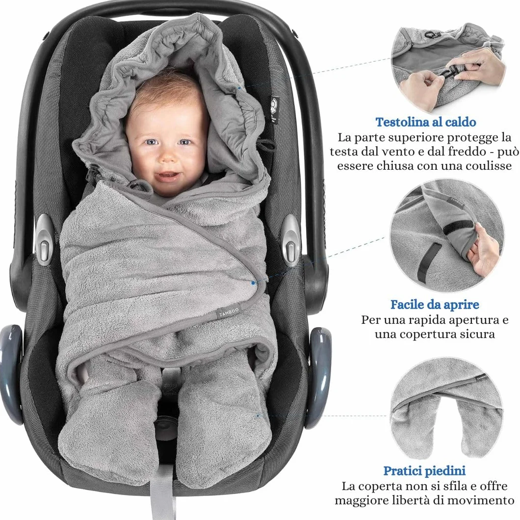 Zamboo Copertina Neonato Invernale con Piedini - Coperta Ovetto Neonato per Seggiolino Auto e Passeggino - Con Borsa - Grigio