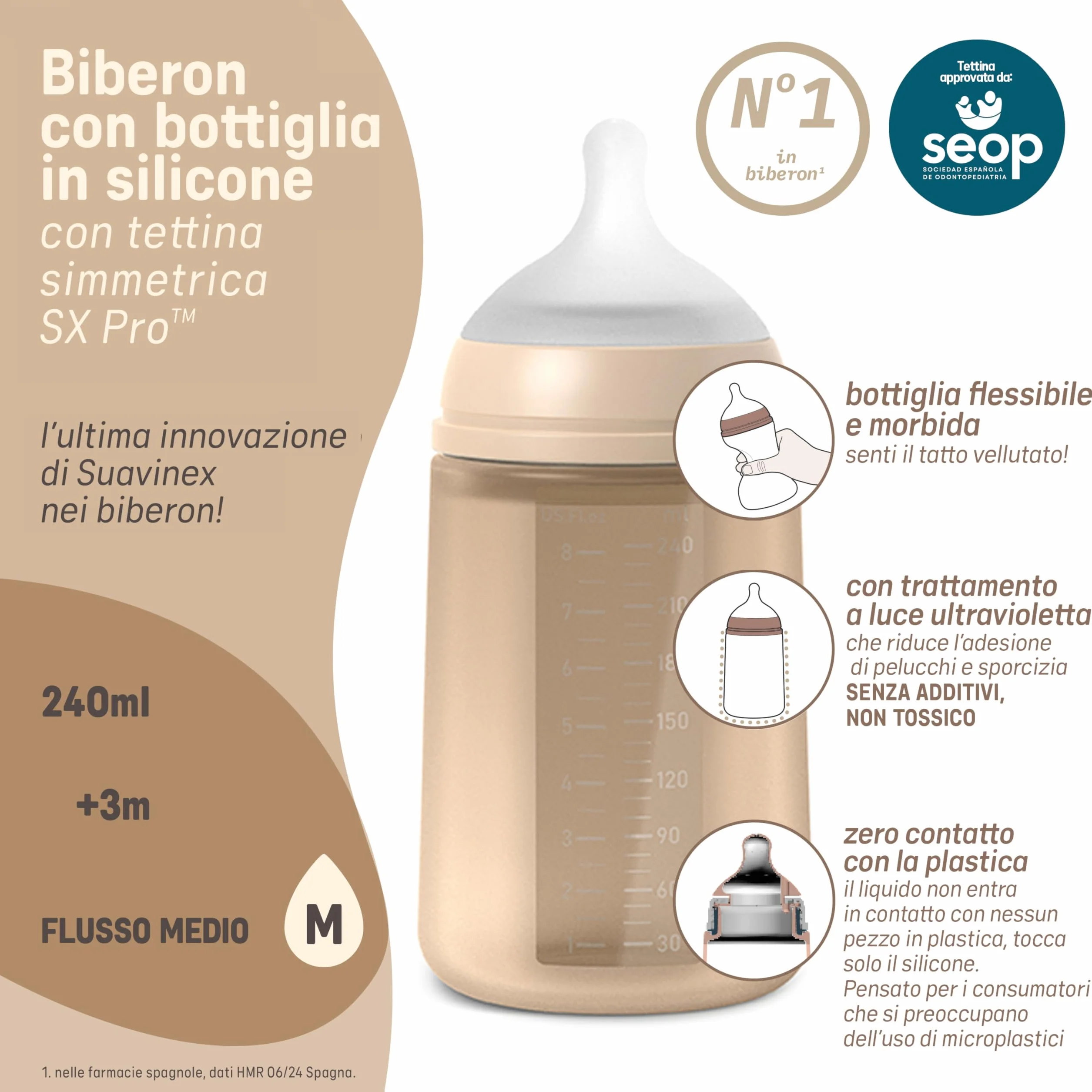 Suavinex, Biberon in Silicone da 240 ml, con Tettarella Fisiologica in Silicone SX Pro, con Valvola Anticolica, Biberon a Flusso Medio (M). Per bambini +3 mesi. Colour Essence Blu oceano