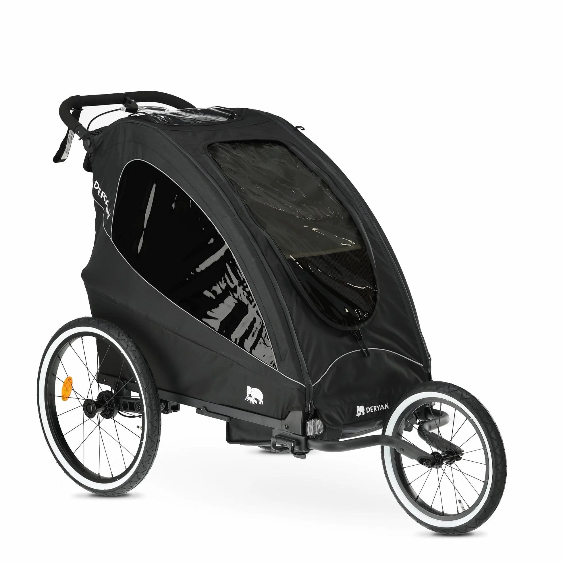 Deryan Luxus 3-in-1 Rimorchio per Bicicletta per 1 Bambini – Rimorchio per Bicicletta, Passeggino & Jogger – Passeggino Multifunzionale con Cintura a 5 Punti – Nero