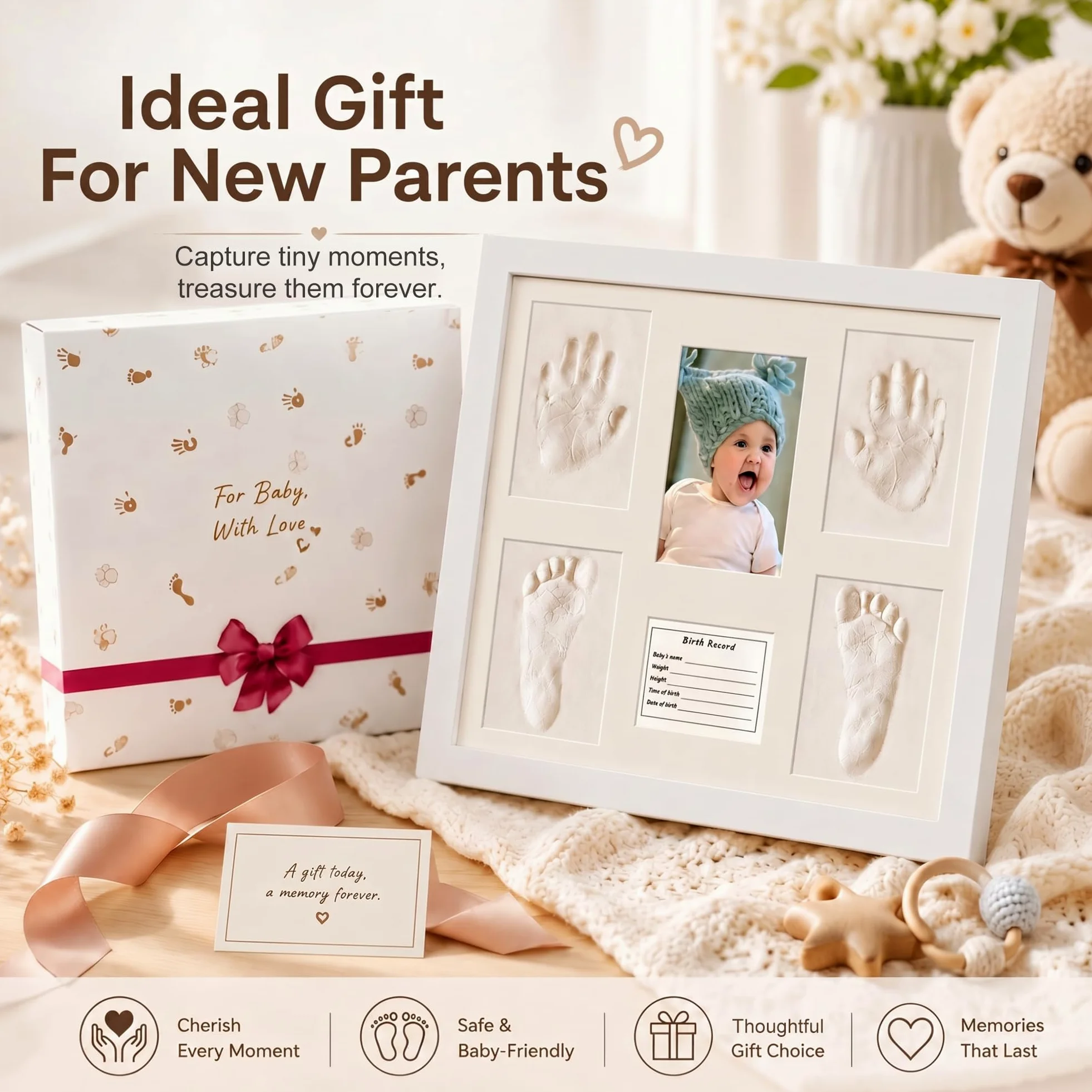 MICKYU Kit per impronte di mani e piedi del bambino | Accessori essenziali | Cornice per ricordi in legno massello, argilla asciutta all'aria aperta, regalo per neonati e baby shower