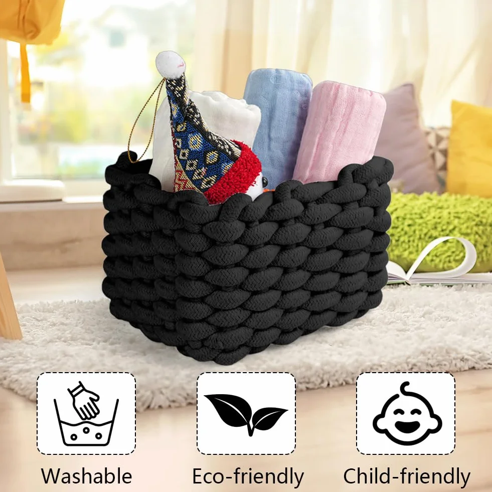Aolso Cesto Portaoggetti in Corda di Cotone Intrecciato, 2pcs Contenitore Bagno Portaoggettii, Cestino Cameretta,Cestini Decorativi Quadrati per Portaoggetti per Trucchi,Giocattoli, Calzini, Nero