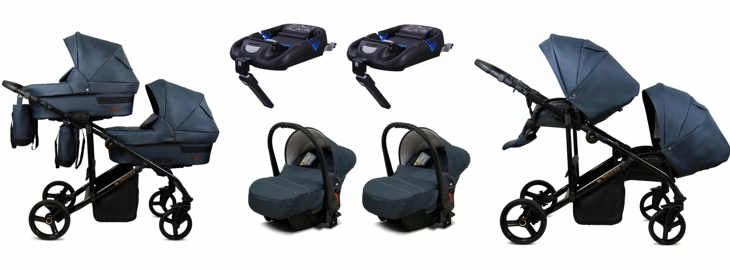 BabyLux® Bambini Passeggino per gemelli Completo Set 4 in 1 - Duo | Antracyt - incl. Navicella, Canna, Seggiolino Auto, ISOFIX Base - Carrozzina Neonati Sistema Combinato - con Borsa fasciatoio ecc.