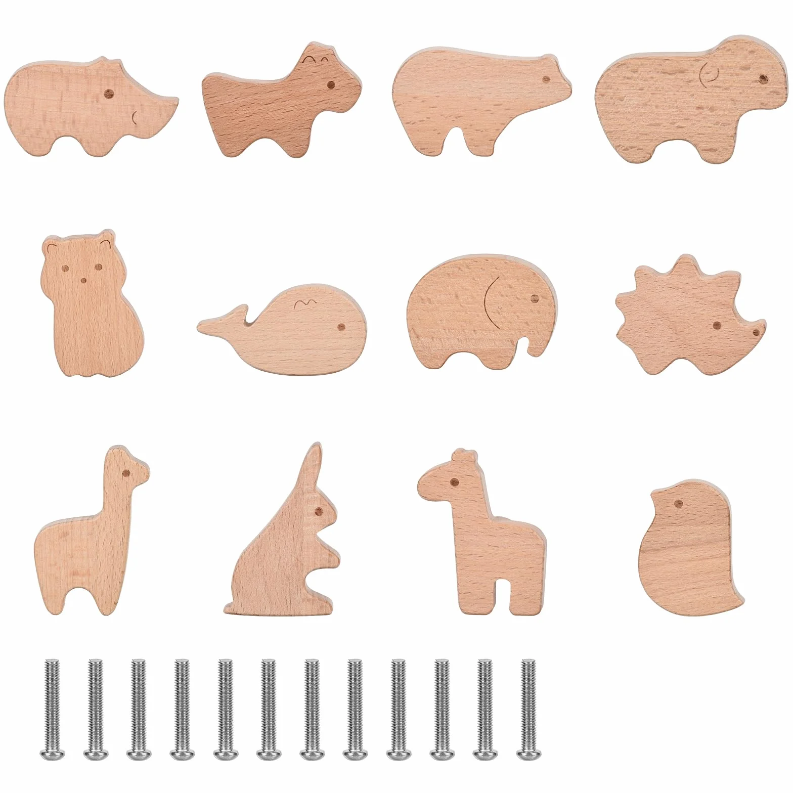 12 maniglie per cassetti in legno, a forma di animale, per bambini, per cameretta dei bambini, con bottoni in legno, con viti
