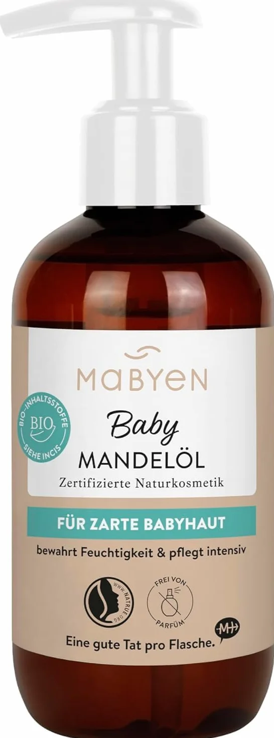 MABYEN Olio di Mandorle Bio per Bambini 200 ml – Vegano, Senza Profumo, Cosmesi Naturale – Per la cura del neonato e come olio da massaggio – Con pratico dosatore