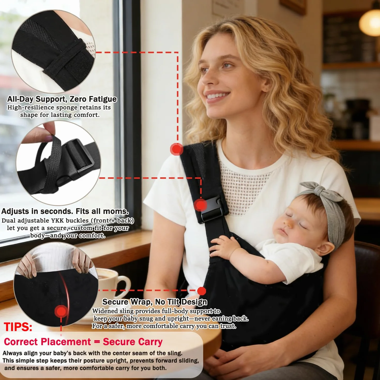 Fascia portabebè regolabile | Regolabile davanti e dietro, fascia a anello,comodo portabebè per bambini, fascia portabebè per neonati (da 6 mesi a 3 anni) (Coton bianco nero)