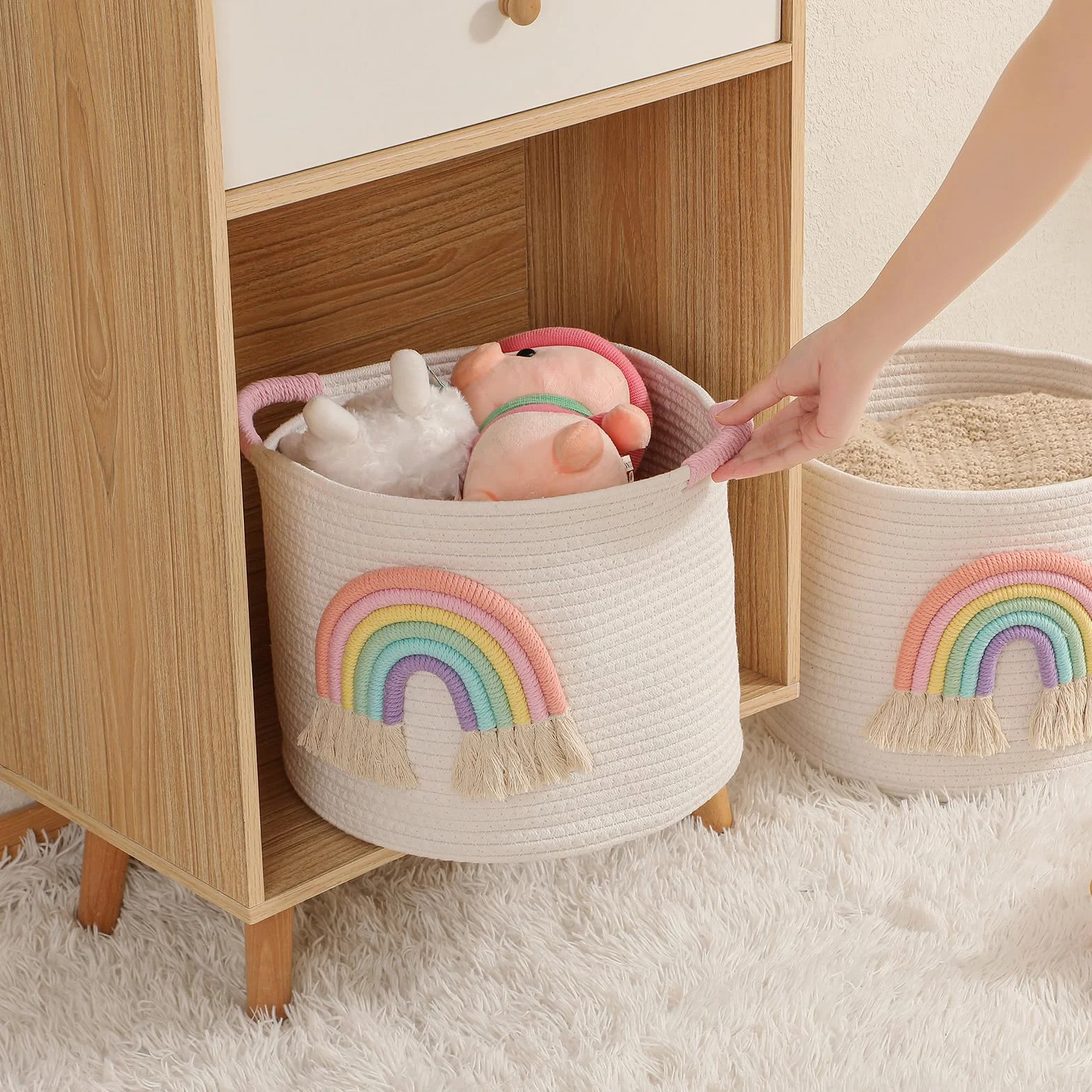 Cestini di immagazzinaggio dei giocattoli, cesto di stoccaggio in corda di cotone tessuto con decorazione arcobaleno per bambini, cestini per coperte, organizer per giocattoli, cestino arcobaleno per