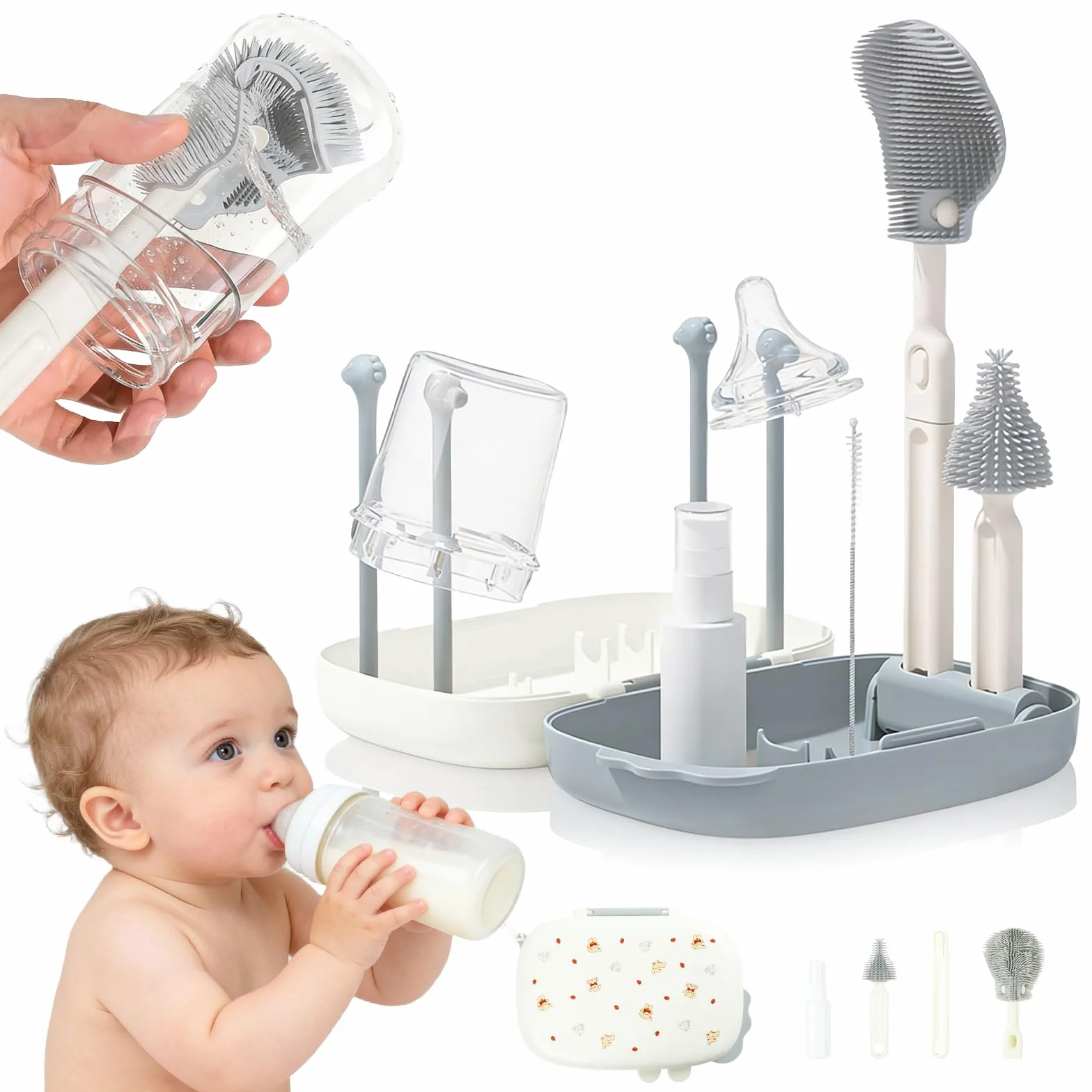 Spazzola per Biberon 6 in 1, Set Spazzole Biberon da Viaggio, Silicone Pulisci Biberon Spazzola, con ciuccio, spazzola per cannuccia, rastrelliera per drenaggio, scatola