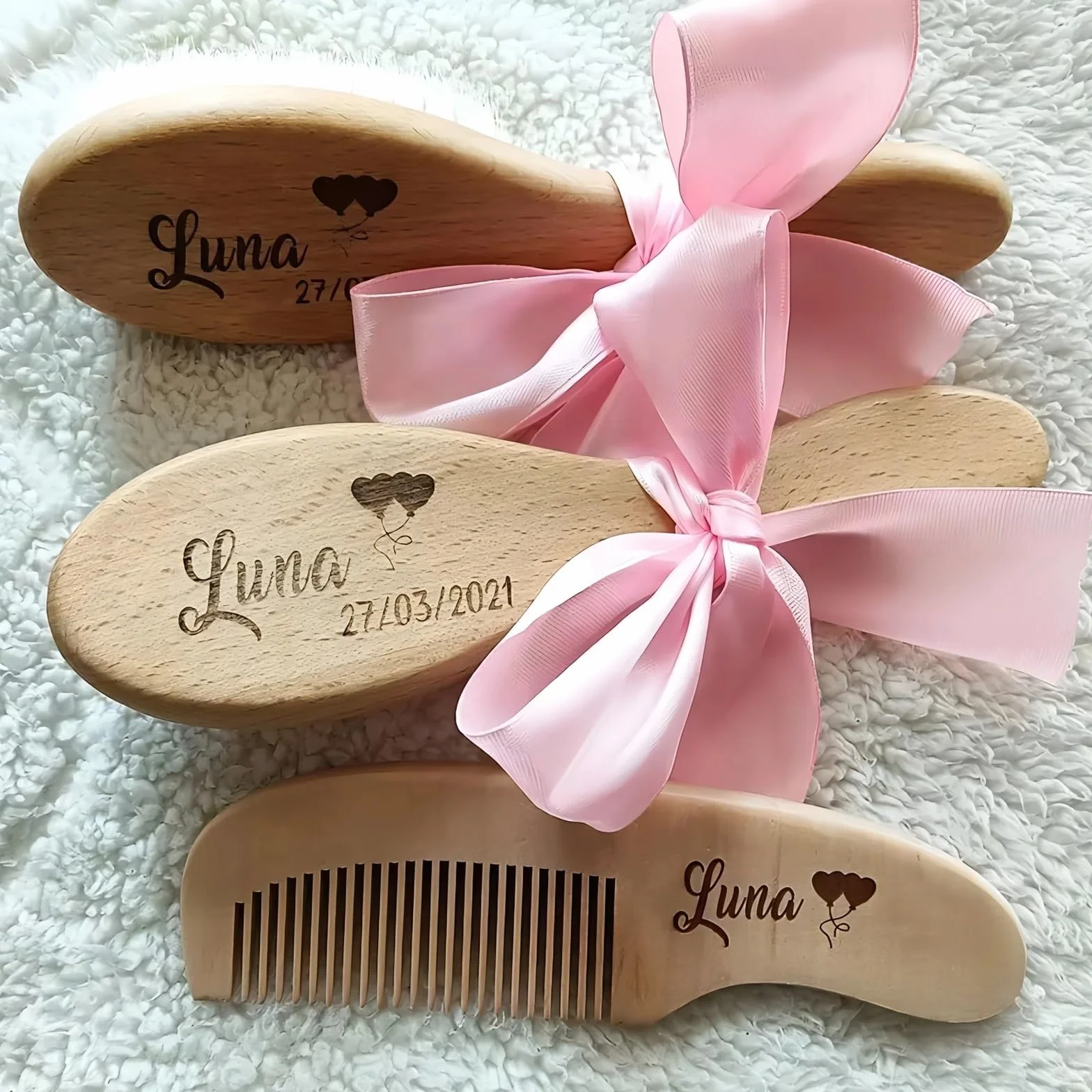 Set Da 3 Pezzi Set Di Spazzole E Pettini Personalizzati Personalizzati For Neonati, Spazzola For Capelli For Bambini, Pettine In Legno Bambini, Cuffia For Culla, Spazzola Con Setole Di Capra Naturali