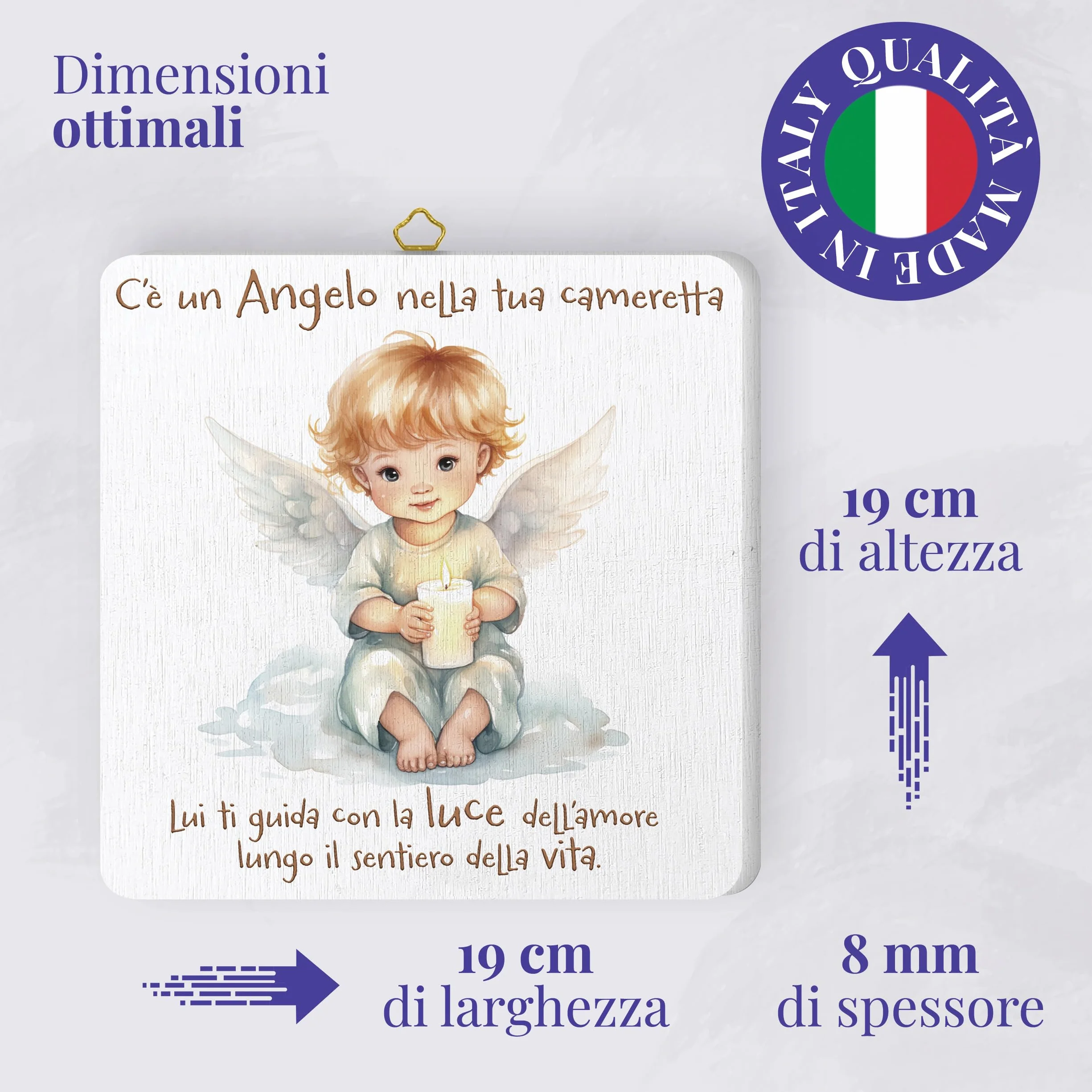 FRATELLI BONELLA - Quadro Angioletto con Candela per Bambini - Quadro in Legno 19x19 cm con Scatola Regalo - 100% Made in Italy