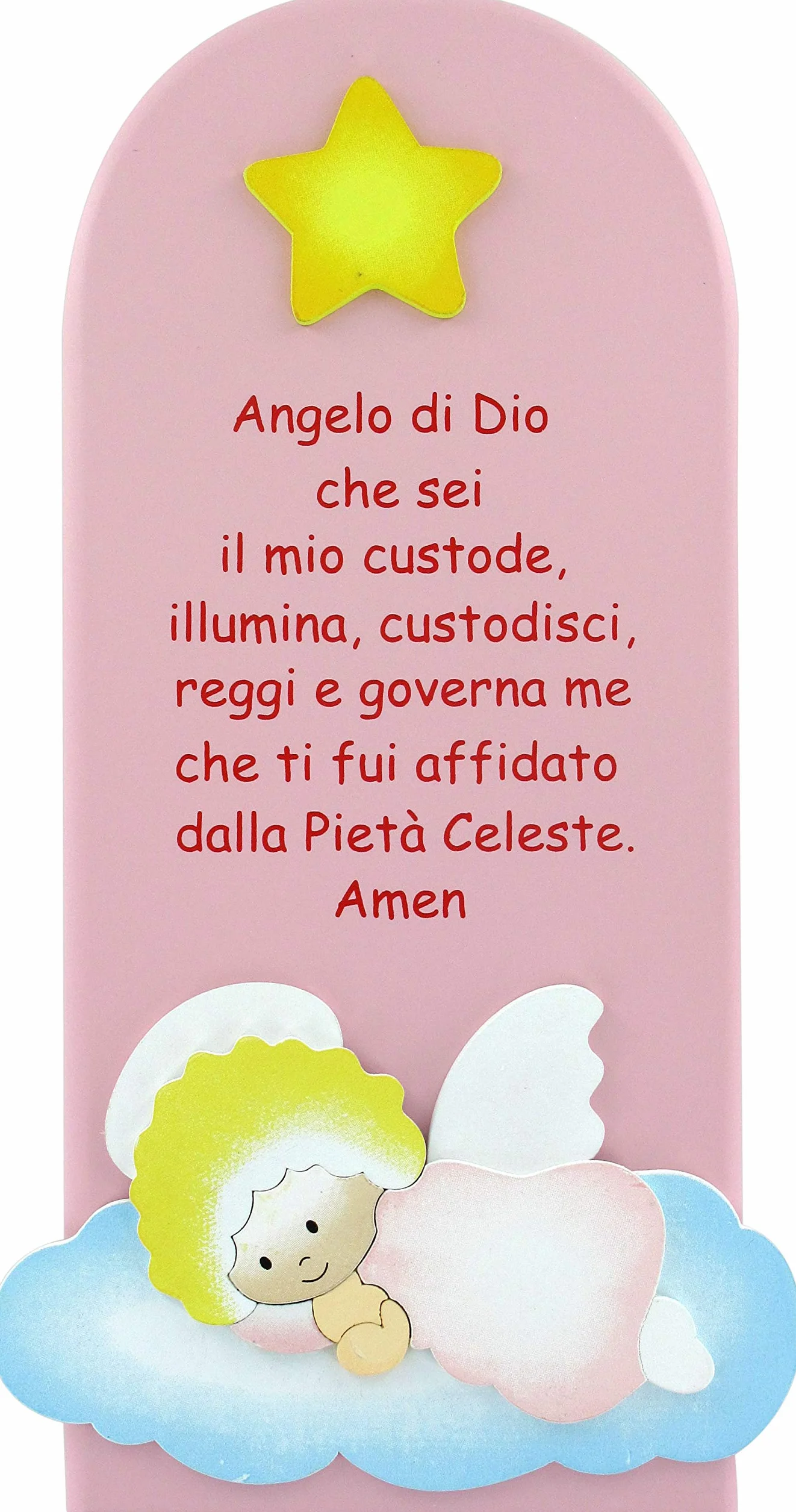 Ferrari & Arrighetti Pala Bassorilievo con Preghiera Angelo di Dio, Quadretto per Bimbe a Forma di Pala in Legno Colorato Rosa, Idea Regalo per Bambine e Ragazze del Catechismo, 28 x 12 Cm