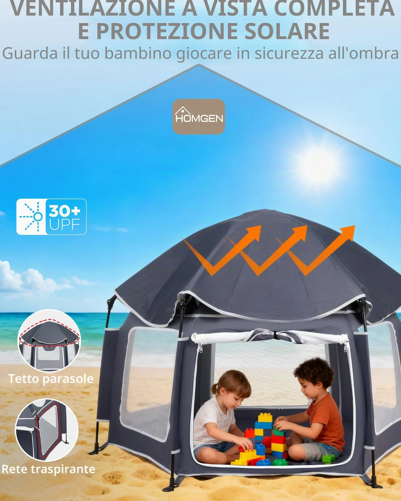 HOMGEN Box Pieghevole POP-UP 150x110 cm con Copertura UV Rimovibile in Tessuto Oxford 210D Box da Esterno per Bambini Portatile in Rete per Spiaggia, Parco e Casa