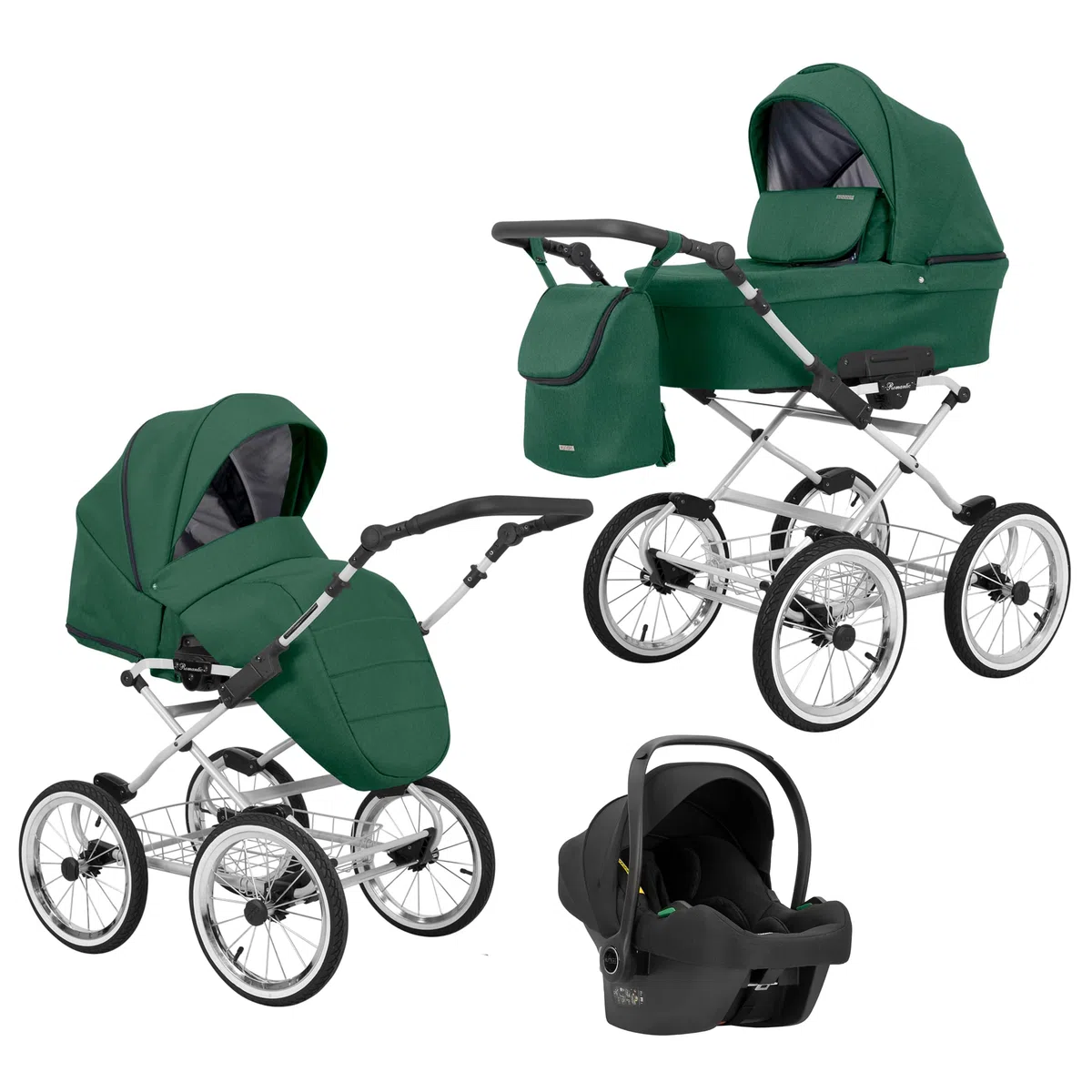 Passeggino per bambini 3 in 1 et 2 in 1 navicella carrozzina seggiolino auto KUNERT Romantic 3in1 et 2in1 passeggini (verde- cornice grigia, 3in1 Cosmo)
