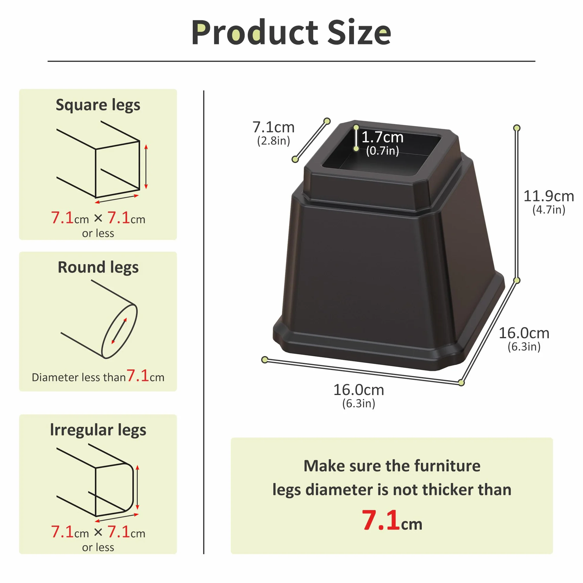 Lutown-Teen Alzatine per Letto da 10 cm, Rialzi Pesanti per Mobili per Divani, Alzatine per Sedie, Alzatine per Divano, Alzatine per Tavolo, Set da 8 Pezzi, Colore Nero