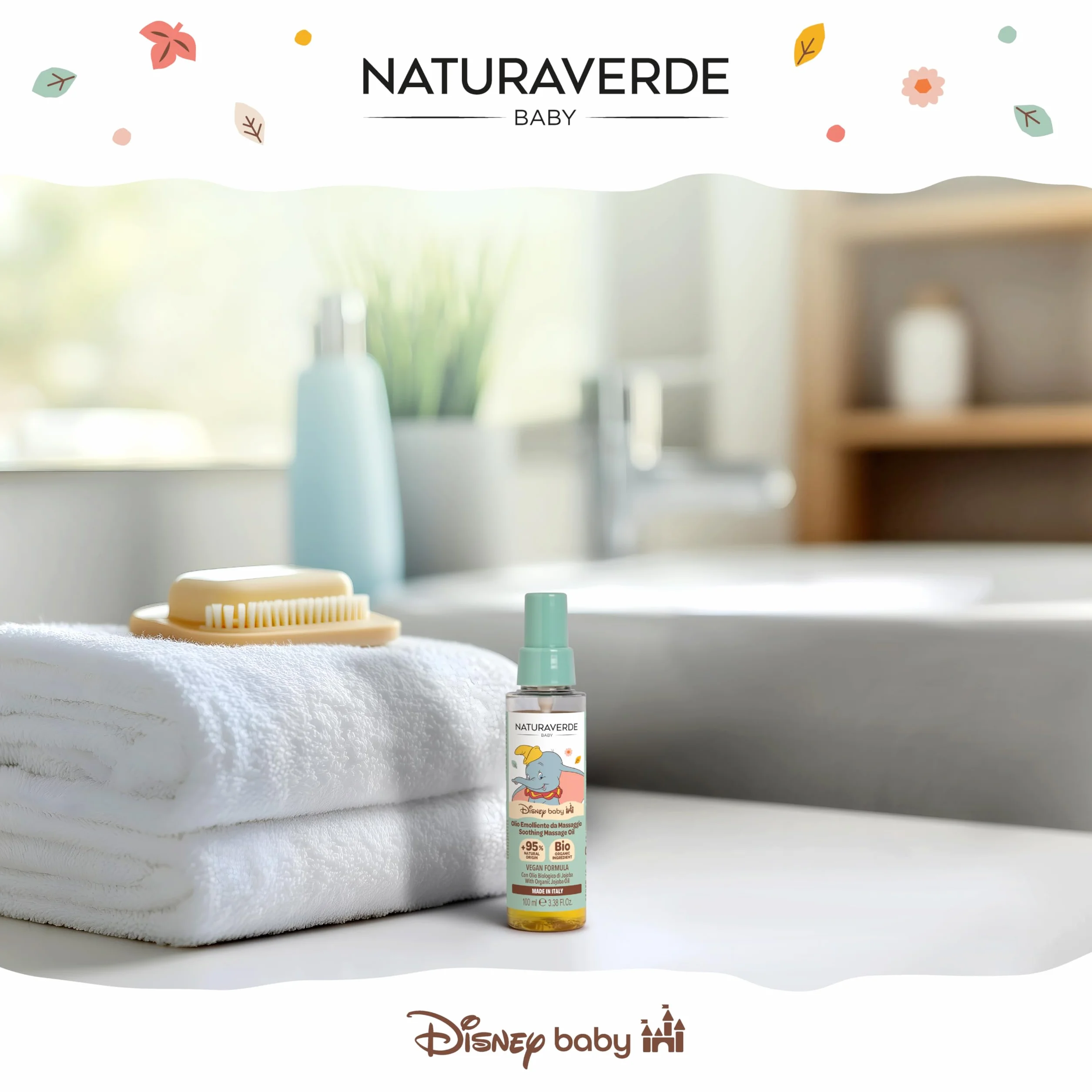 NATURAVERDE - Disney Baby Dumbo, Olio Massaggi Nutriente e Lenitivo 100ml, Con Estratti Vegetali, Ideale per Neonati