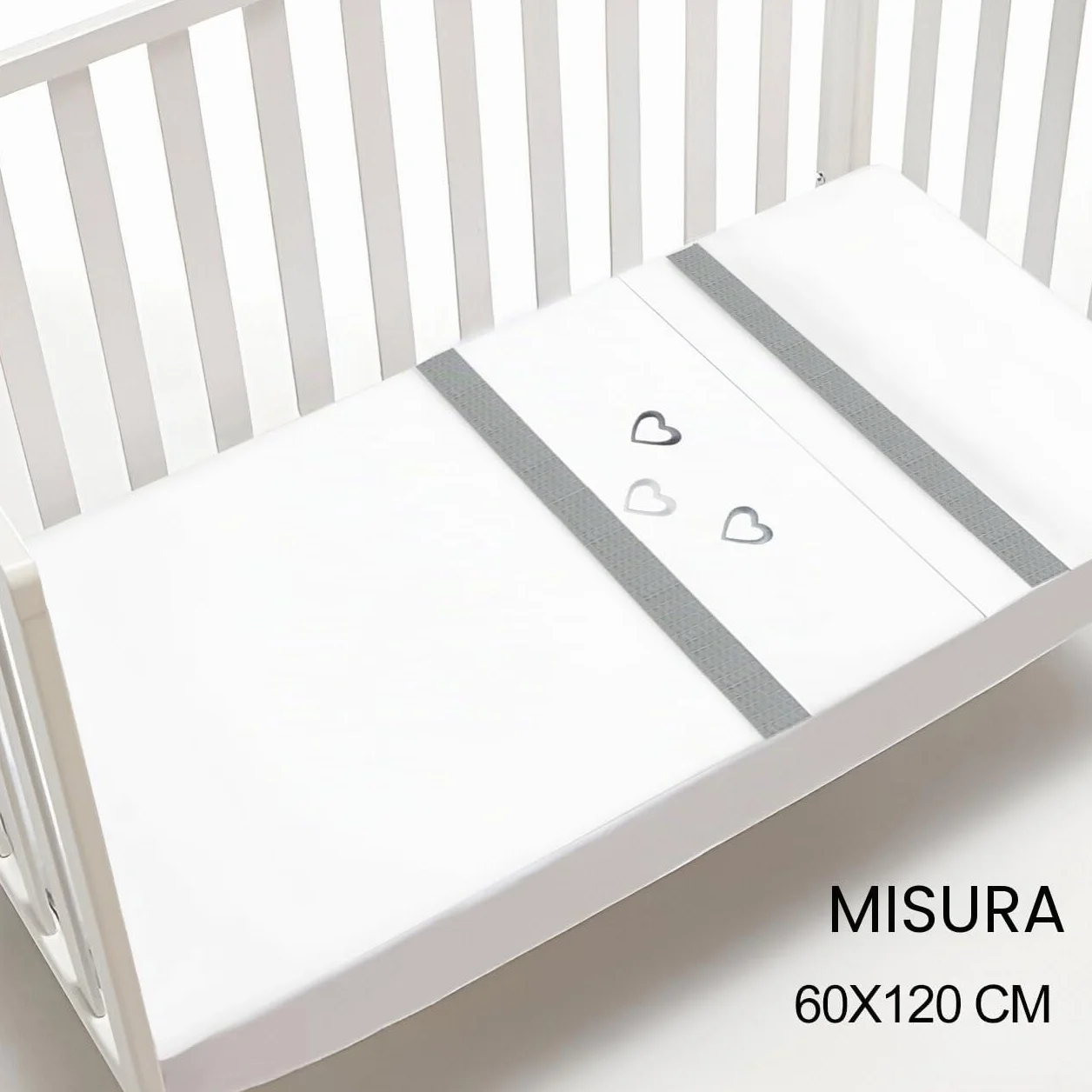 various Set Lenzuola Lettino Neonato 60x120 cm, 100% Cotone Extra Morbido, Include Lenzuolo con Angoli, Lenzuolo Sopra e Federa, Biancheria Letto Bambino Traspirante Happy Love Colore BCO/Grigio