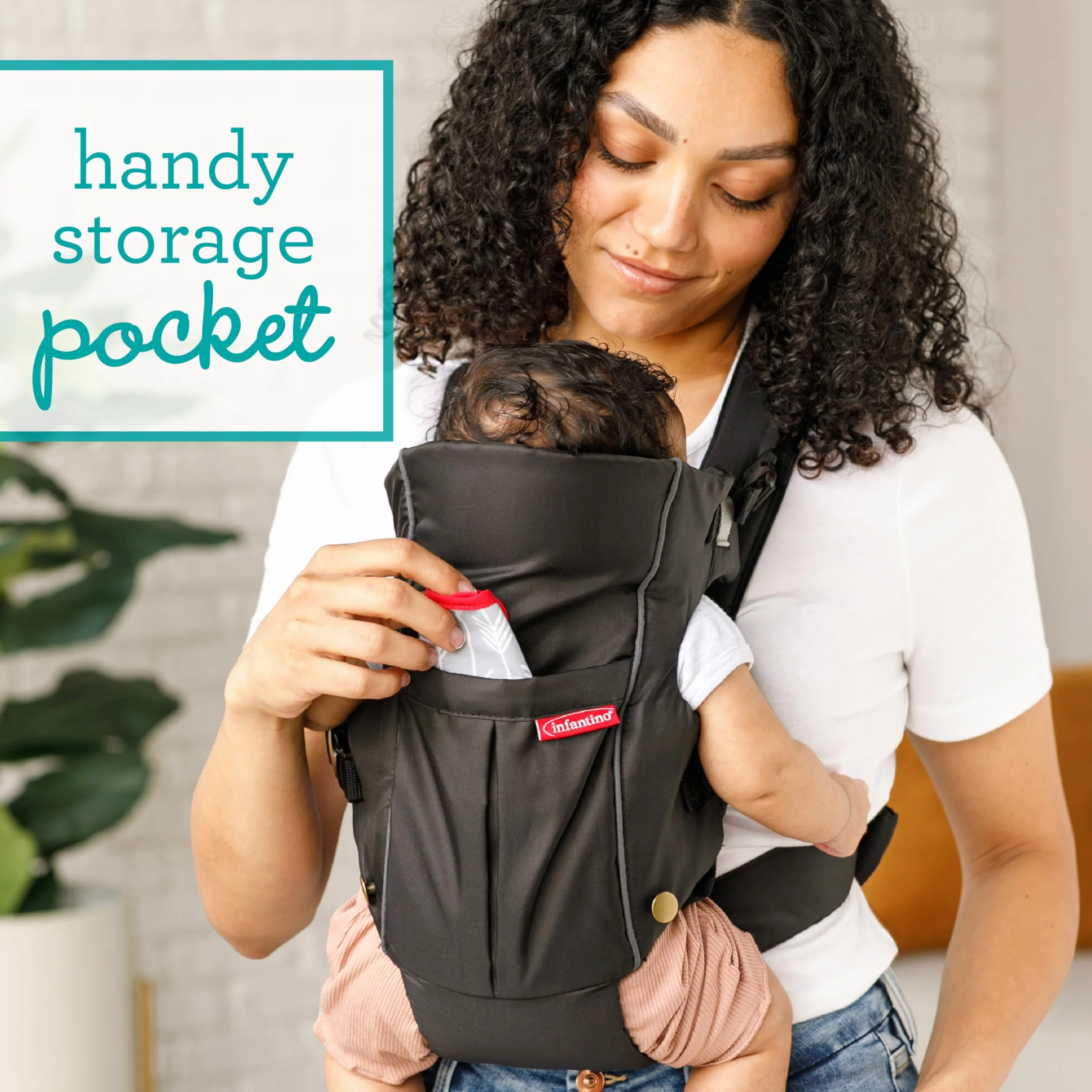 Infantino Swift Classic Marsupio - leggero e compatto, con bavaglino Clever Wonder Cover 2 in 1 e tasca esterna, per neonati e bambini da 8 a 25 libbre (3,6-11,3 kg).
