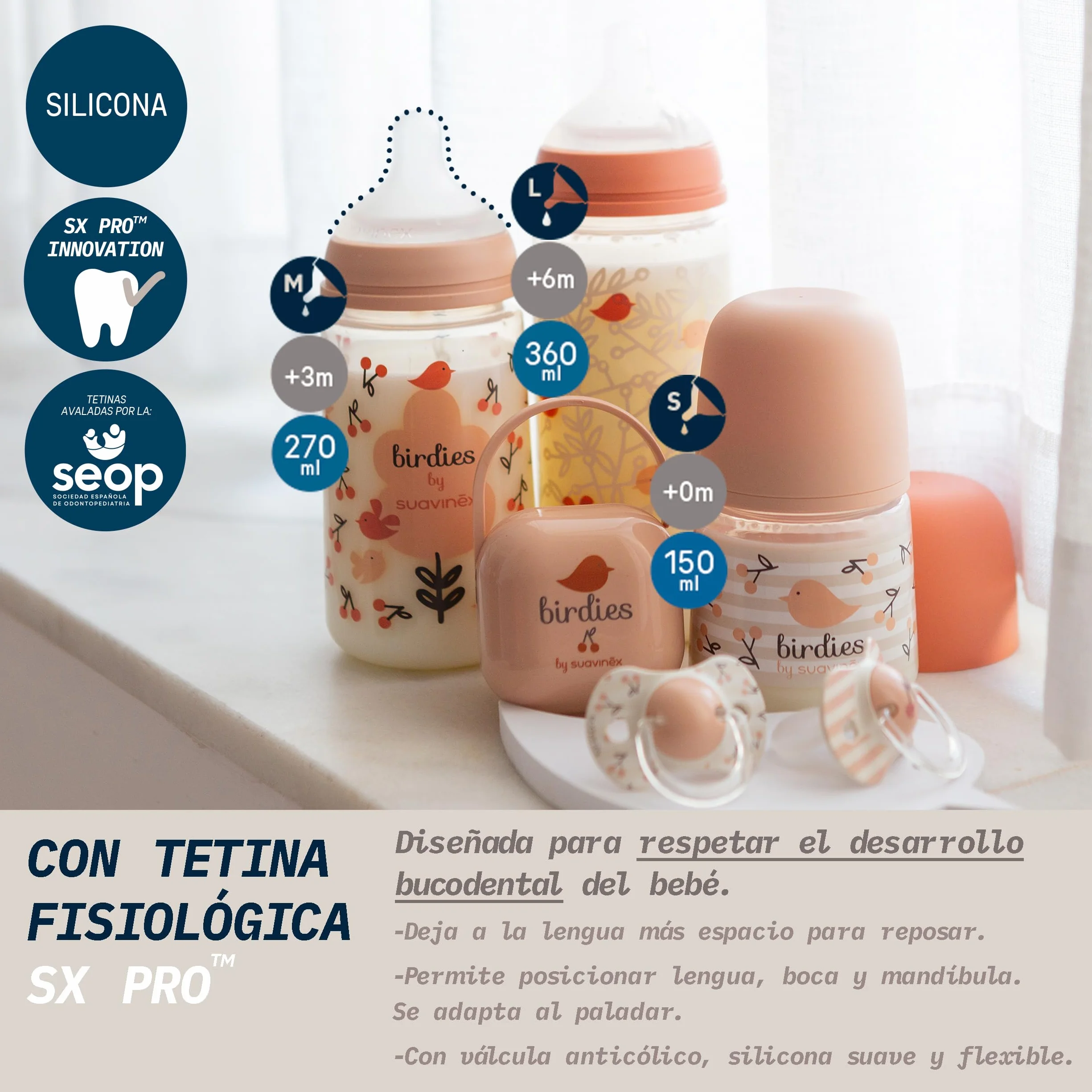 Suavinex, Biberon Anticolica da 270 ml con Tettarella Fisiologica SX Pro in Silicone, Flusso Medio (M), per Liquidi a Media Densità, Latte, Succhi o Acqua. Neonati +3 Mesi. Birdies, Rosa