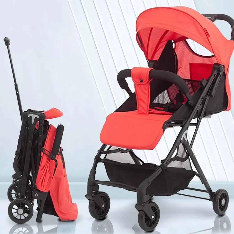 BAKAJI Passeggino Pro Ultra Leggero con Chiusura Facilitata Portata Massima 15 kg, Schienale Reclinabile con Cintura di Sicurezza a 5 Punti, Pieghevole con Una Mano, Salvaspazio (Rosso)
