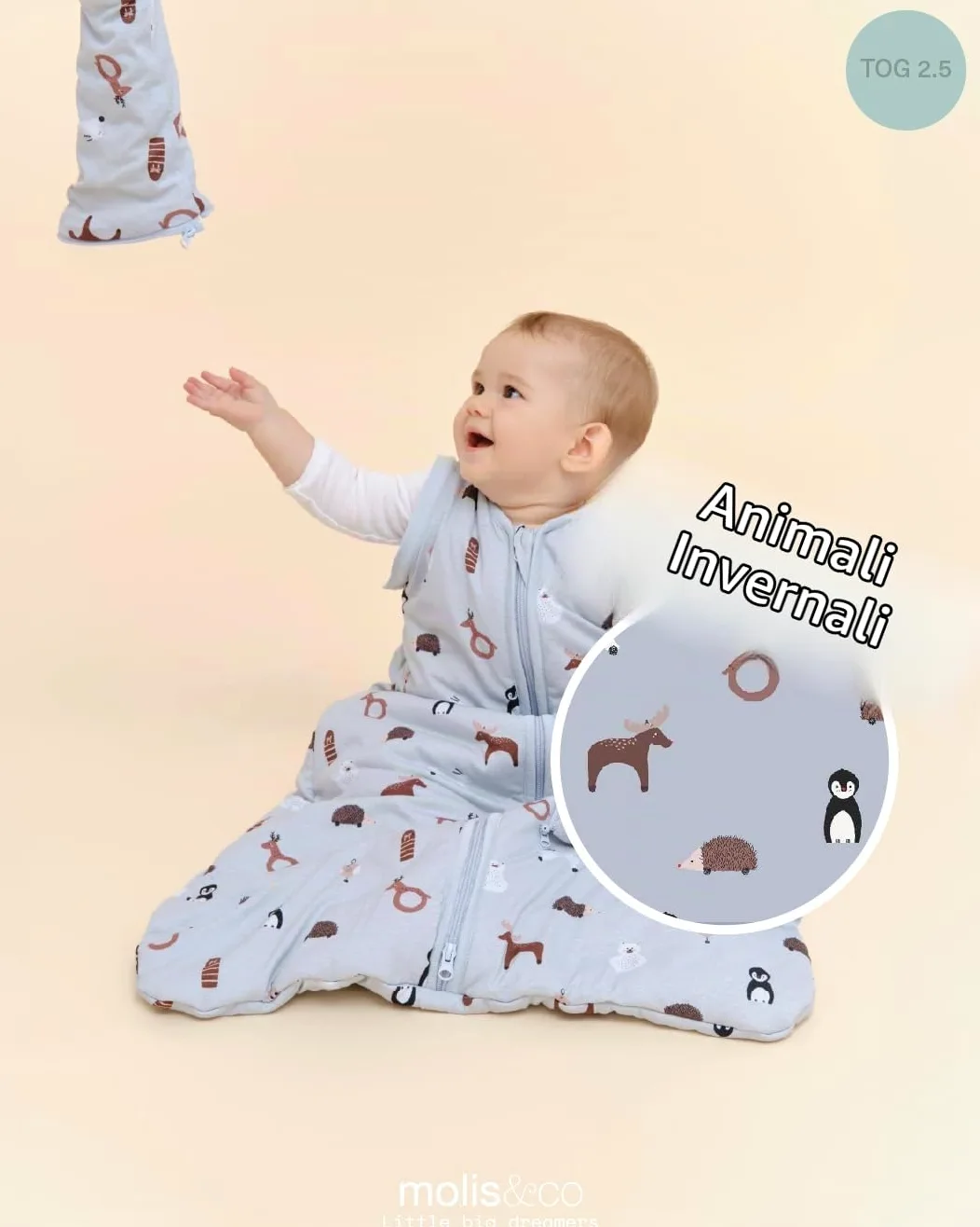 molis&co - Sacco nanna maniche staccabili per Neonati e Bambini - Sacchi Nanna 2.5 tog - 100% Cotone (Oeko-TEX 100) - Winter Animals (12 a 18 mesi)