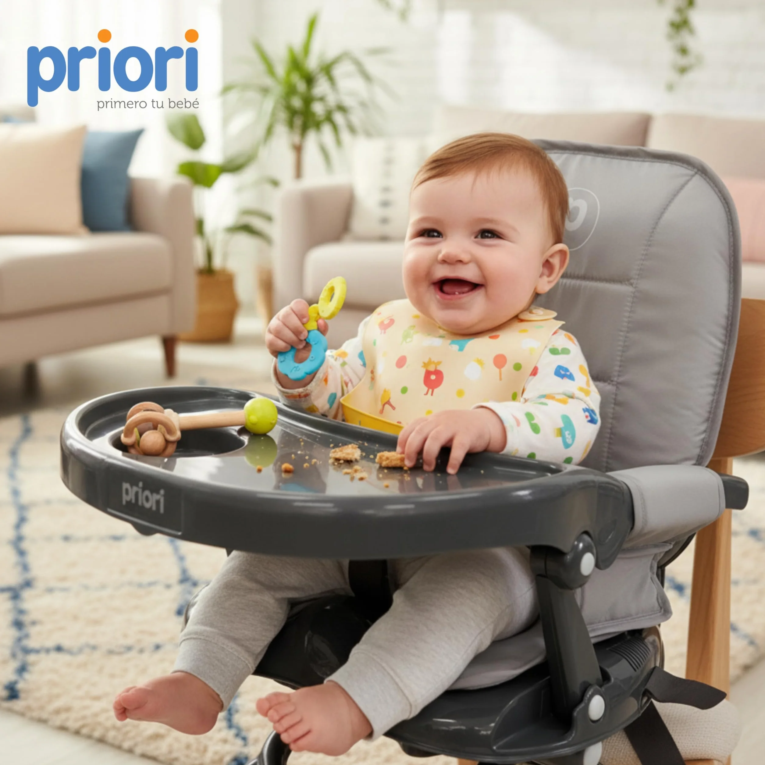 Priori Baby London Seggiolone portatile pieghevole per bambini con gambe ribellibili - Sedile sollevatore per mangiare con imbracatura a 3 punti, cinghie di sicurezza, copertura lavabile, leggera, per