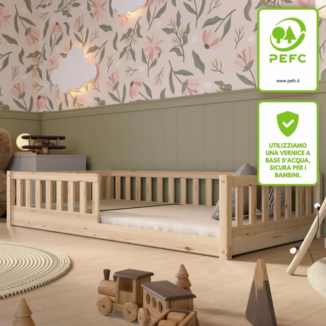 Letto per Bambini 190x90 cm – Letto Montessori a Pavimento in Legno Massiccio con Barriera – Sicuro per Bambini Piccoli – Design Scandinavo - Crazy Basic