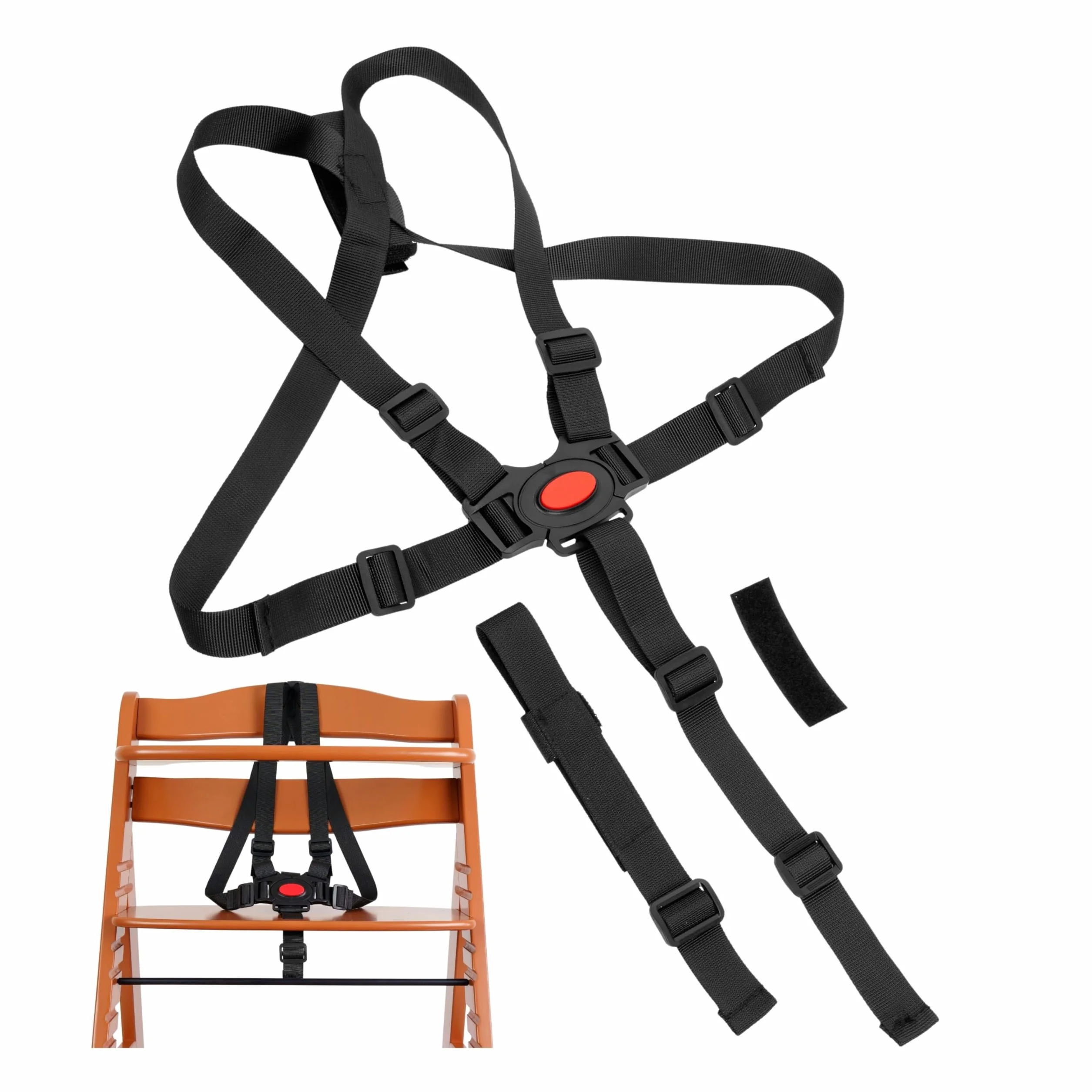 Sistema di imbracatura a 5 punti per seggiolone, 1 set, compatibile con Hauck Alpha Beta, Stokke Tripp Trapp, Roba e molti altri, in nero, con cinghia inguinale