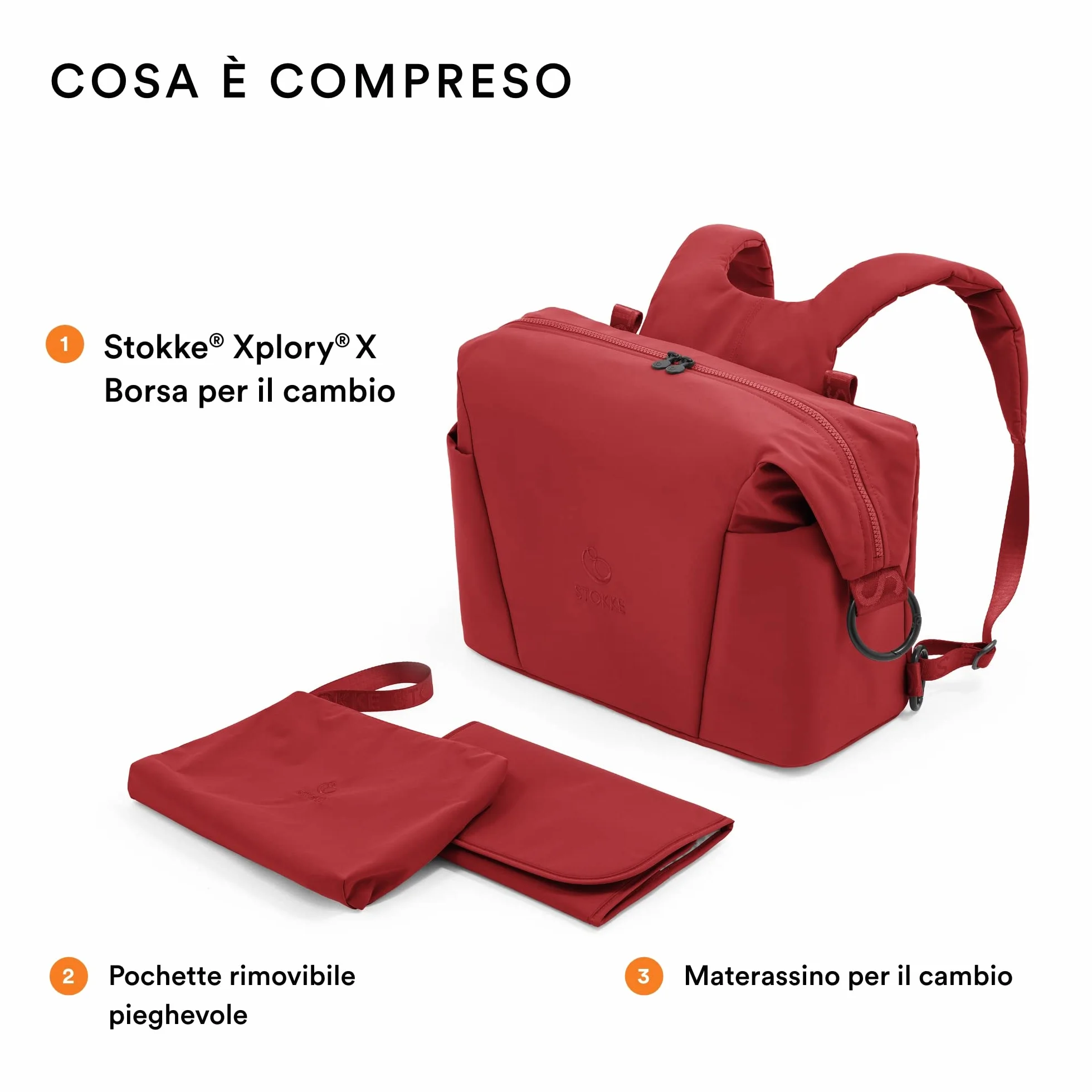 Stokke Borsa per il cambio Xplory X, Ruby Red - Può essere portata a spalla o come zaino - Include un materassino per il cambio pieghevole - UPF 50+, Idrorepellente, Facile da pulire