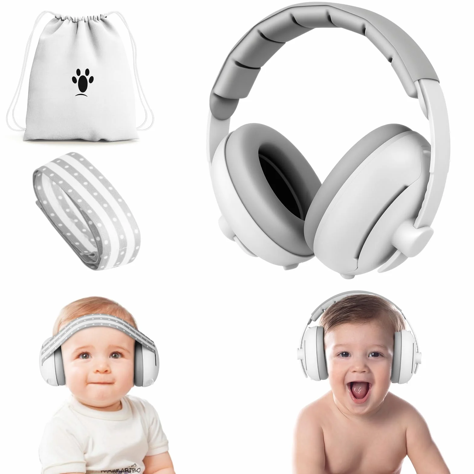 Aolso 2 in 1 Cuffie Neonato Antirumore, Protettori Acustici per Bambini 0-5 Anni, Protezione Dell'udito per Bambini, Previene i Danni Dell’udito, Archetto Regolabile, Cuffie Antirumore-Grigio