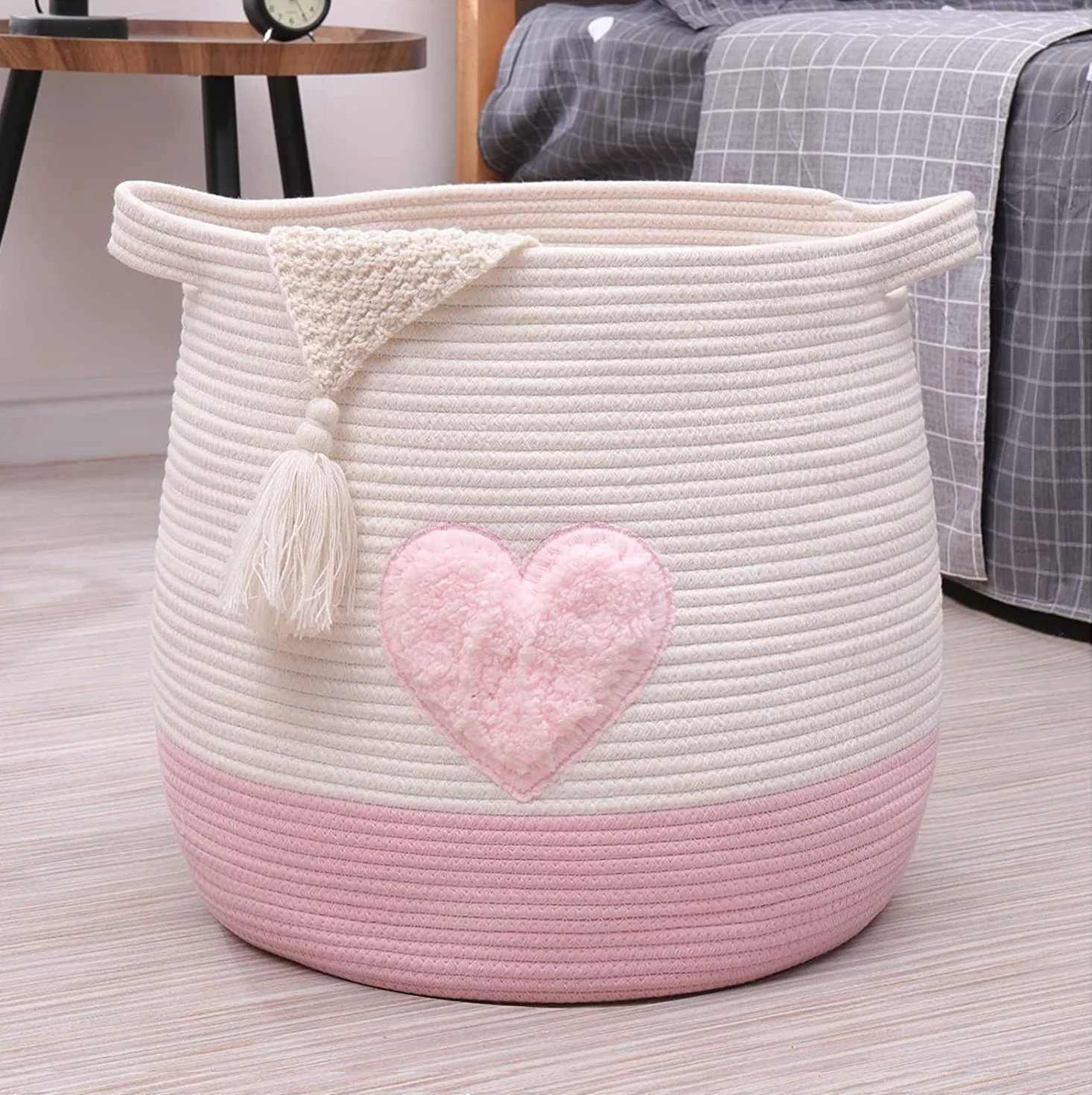 Grande cesto in corda di cotone, cestino portaoggetti per giocattoli, organizer per biancheria e coperte, cesto regalo rotondo con manici per cameretta dei bambini, D45 x 43 cm, prodotto